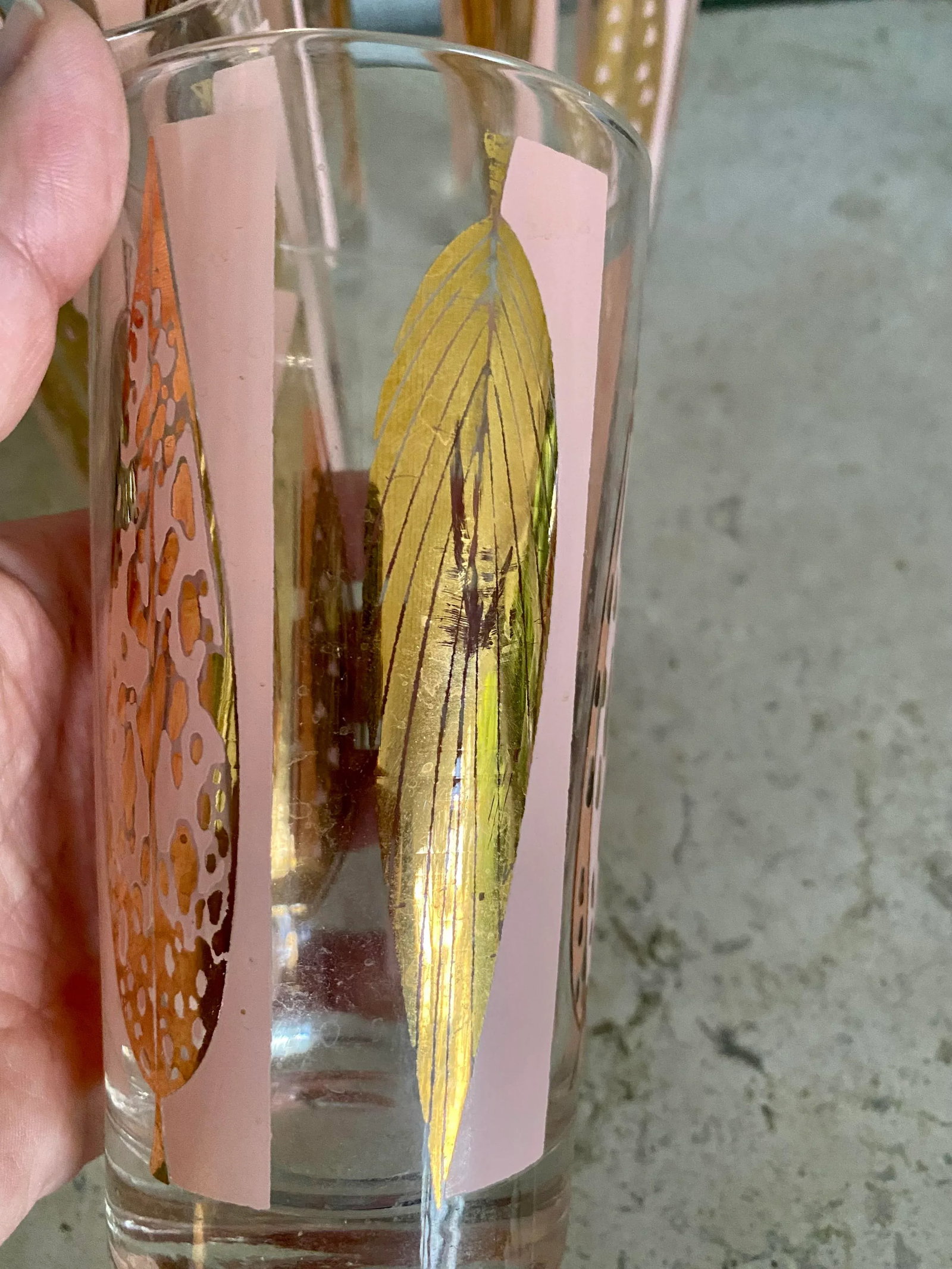 Mid-Century Fred Press Signed Pink & Clear 22-Karat Gold Leaves Glasses- Set of 6 - 10