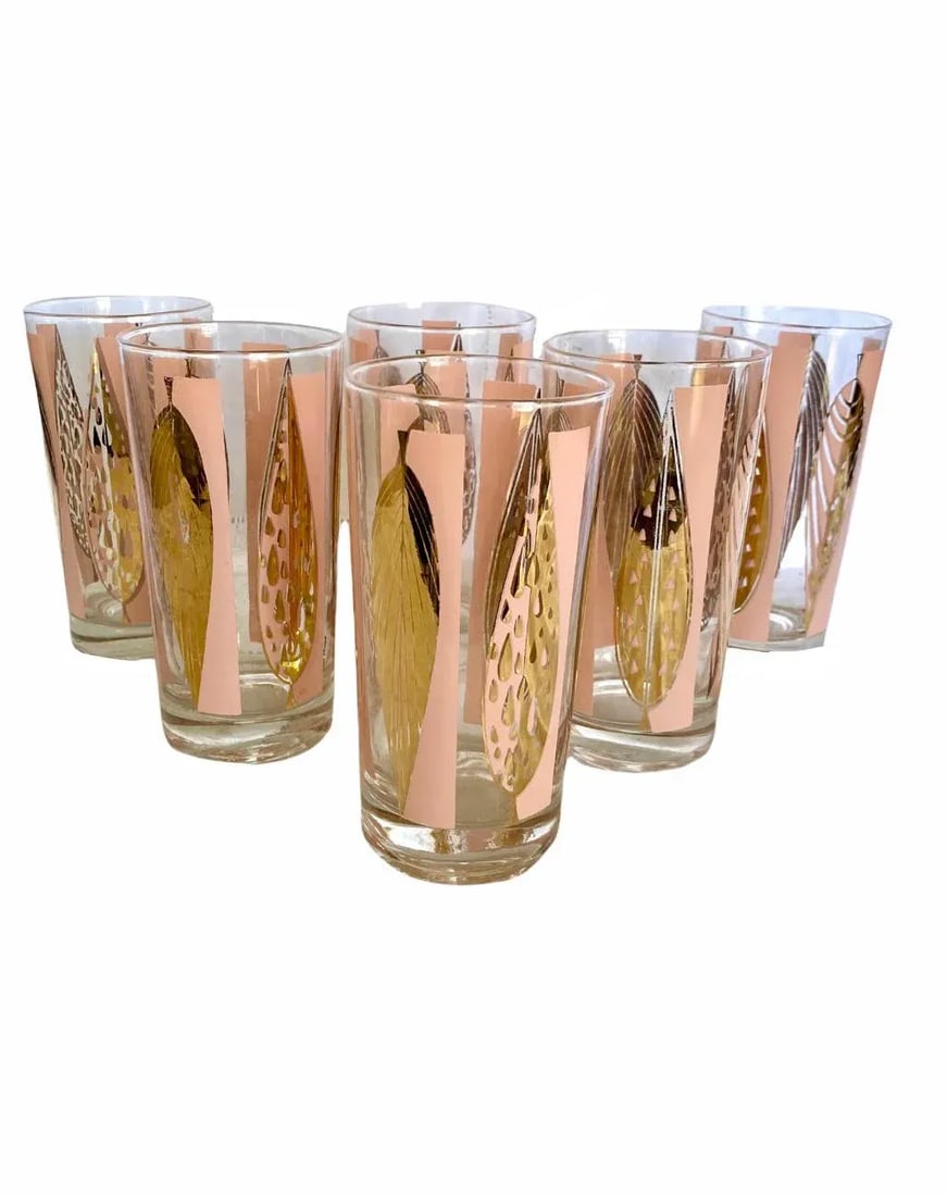 Mid-Century Fred Press Signed Pink & Clear 22-Karat Gold Leaves Glasses- Set of 6 - 12