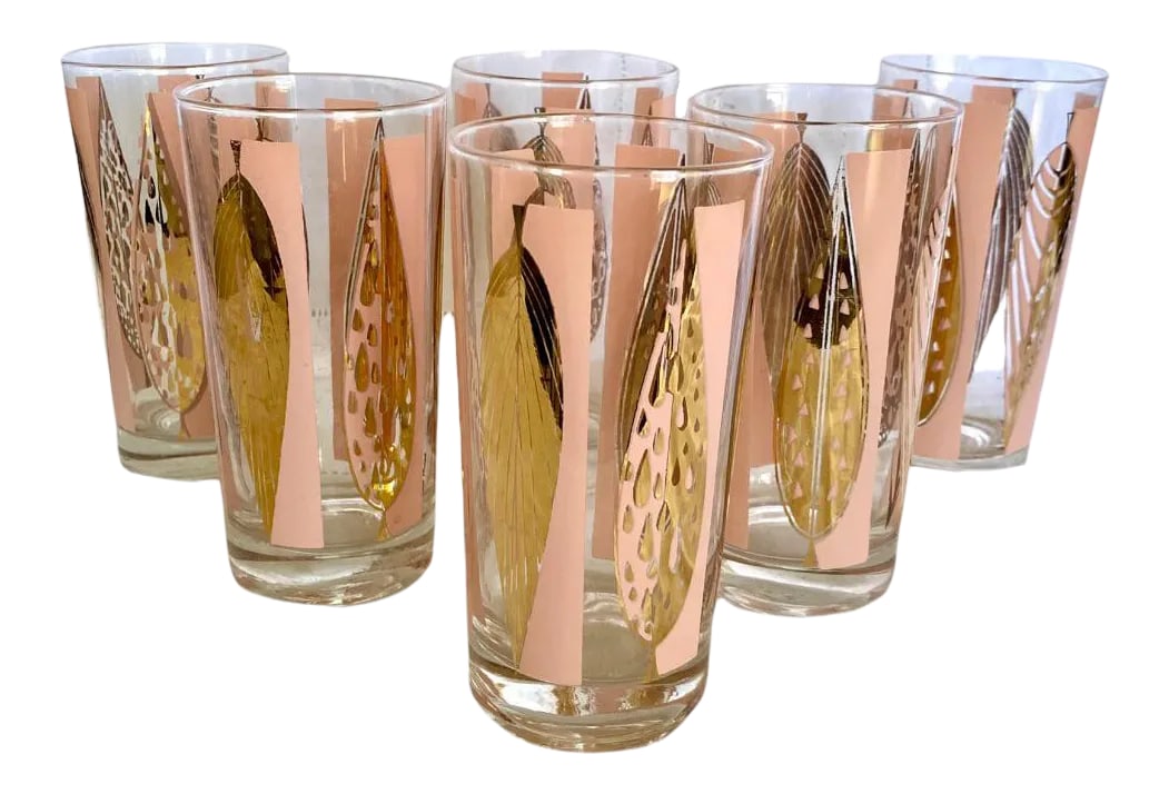 Mid-Century Fred Press Signed Pink & Clear 22-Karat Gold Leaves Glasses- Set of 6: Fred Press Signed Mid-Century Pink and Clear 22-Karat Gold Leaves glasses Set of 6) This beautiful Fred Press signed mid-century design featuring pink and 22-karat gold leaf on clear glasses is