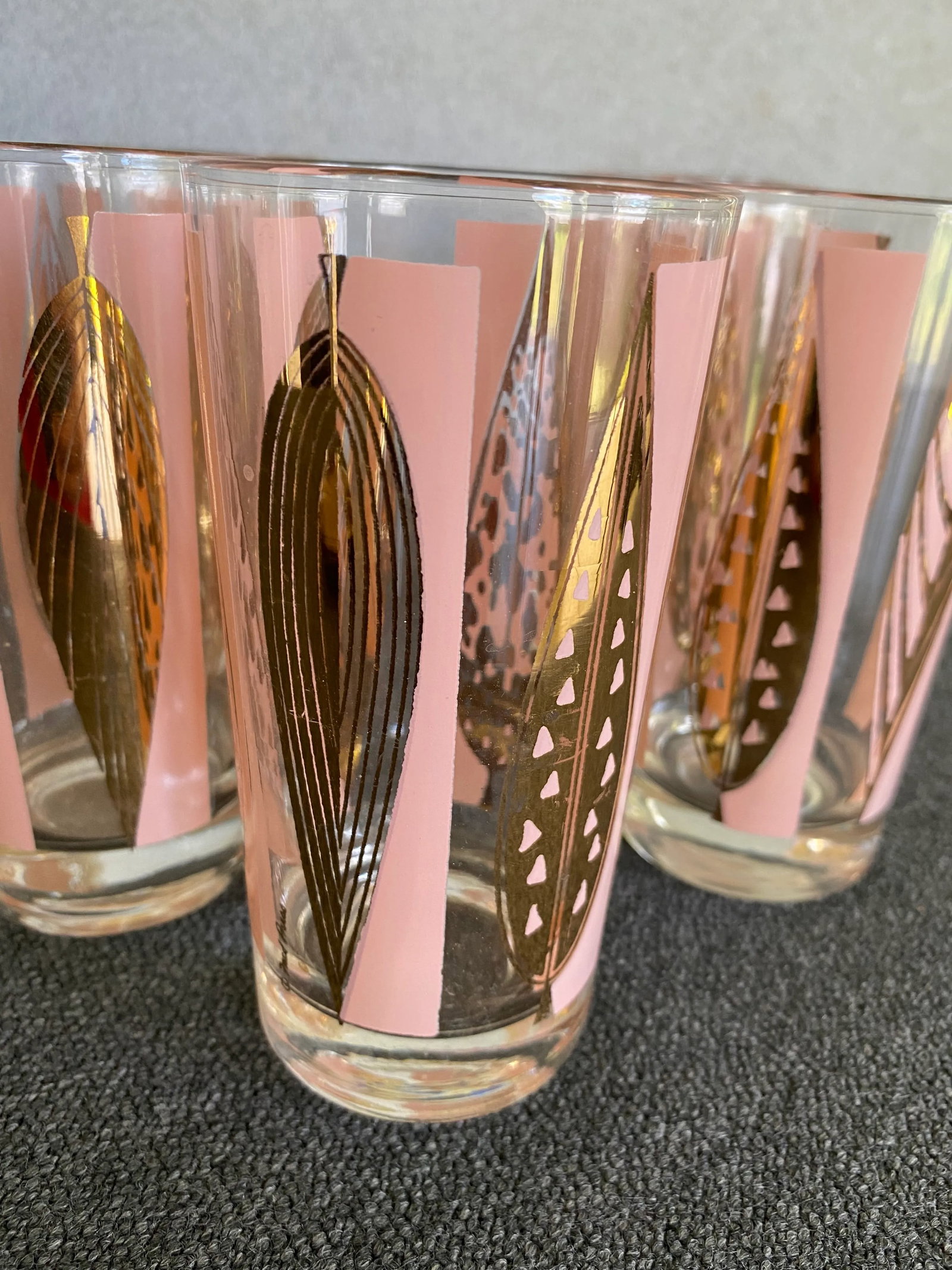 Mid-Century Fred Press Signed Pink & Clear 22-Karat Gold Leaves Glasses- Set of 6 - 2