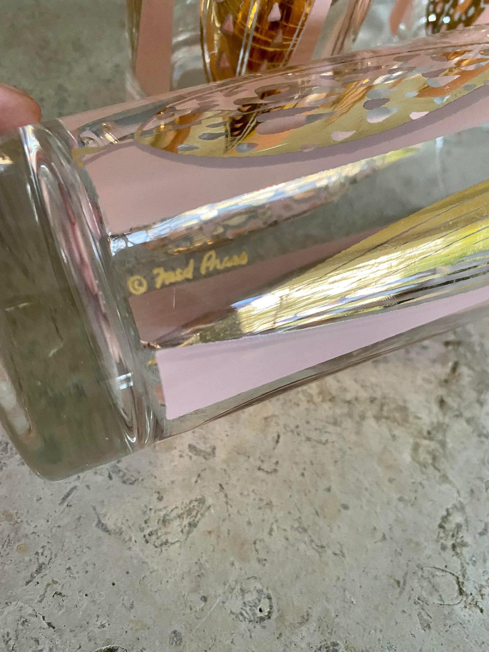 Mid-Century Fred Press Signed Pink & Clear 22-Karat Gold Leaves Glasses- Set of 6 - 5