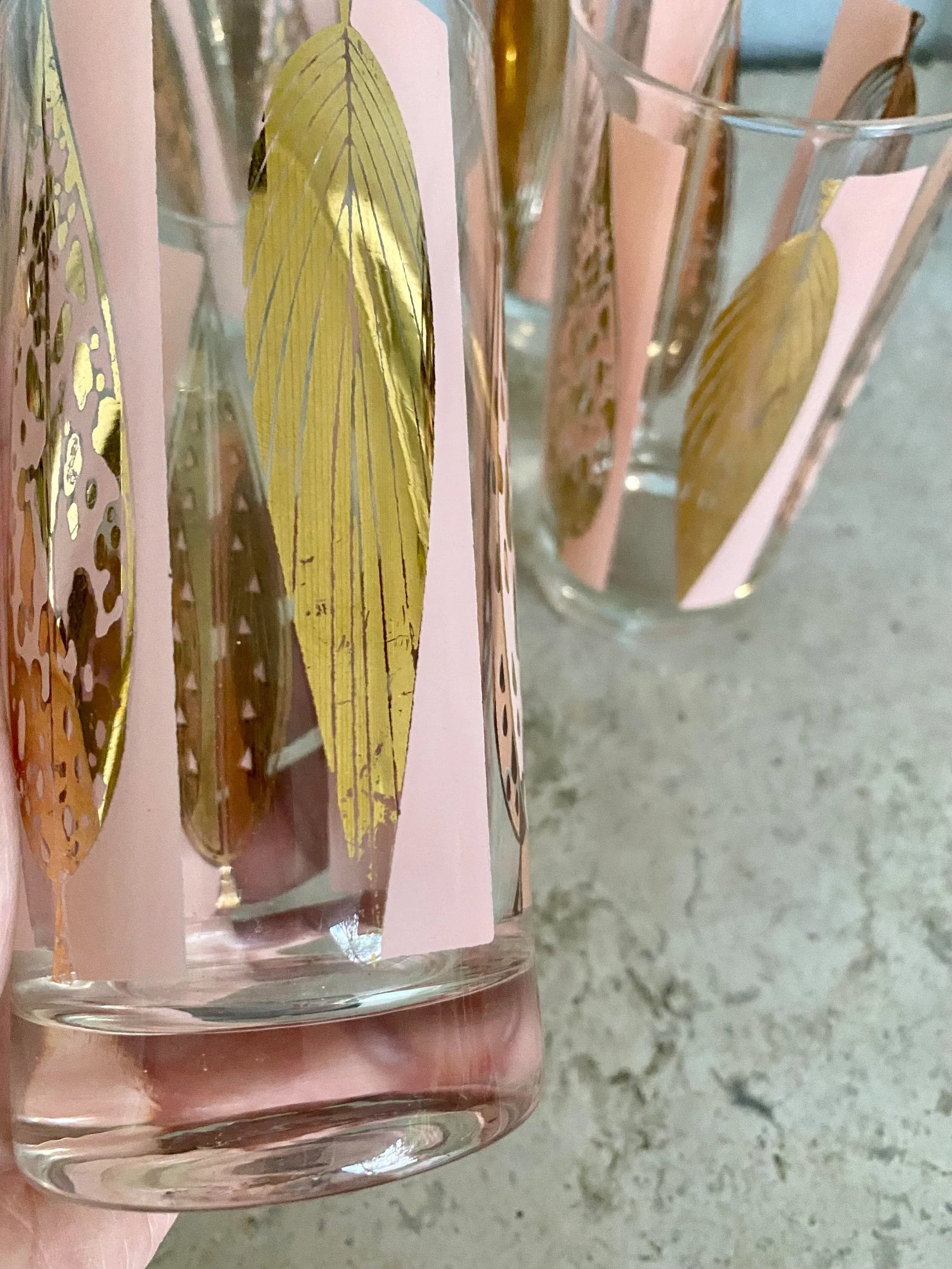 Mid-Century Fred Press Signed Pink & Clear 22-Karat Gold Leaves Glasses- Set of 6 - 9