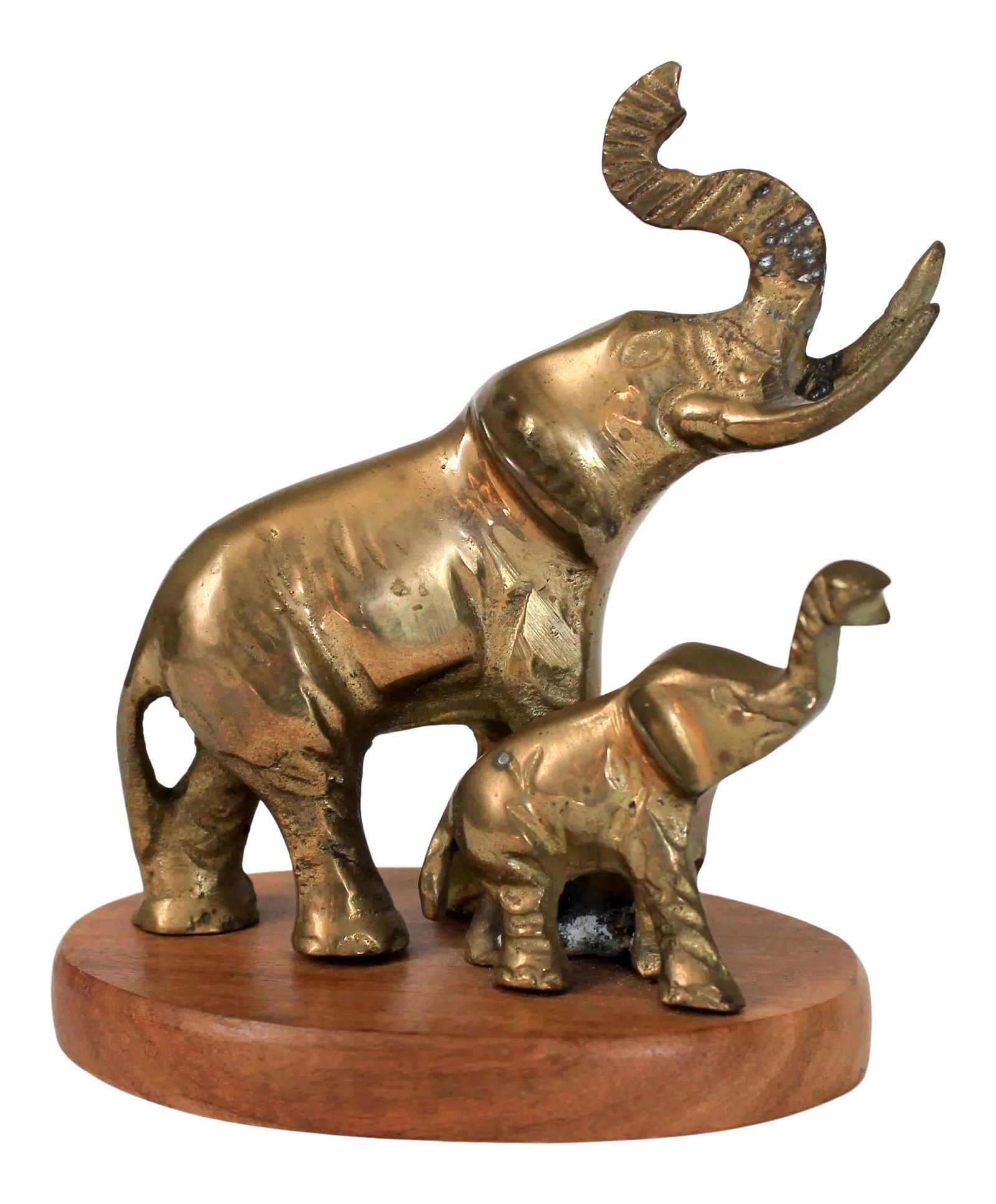 Vintage Brass Elephants: Mom and baby brass elephants with a wood base. Makers mark has worn off. Minor signs of age wear. Condition: Alterations: Original Condition Unaltered Imperfections: Some Imperfections Condition