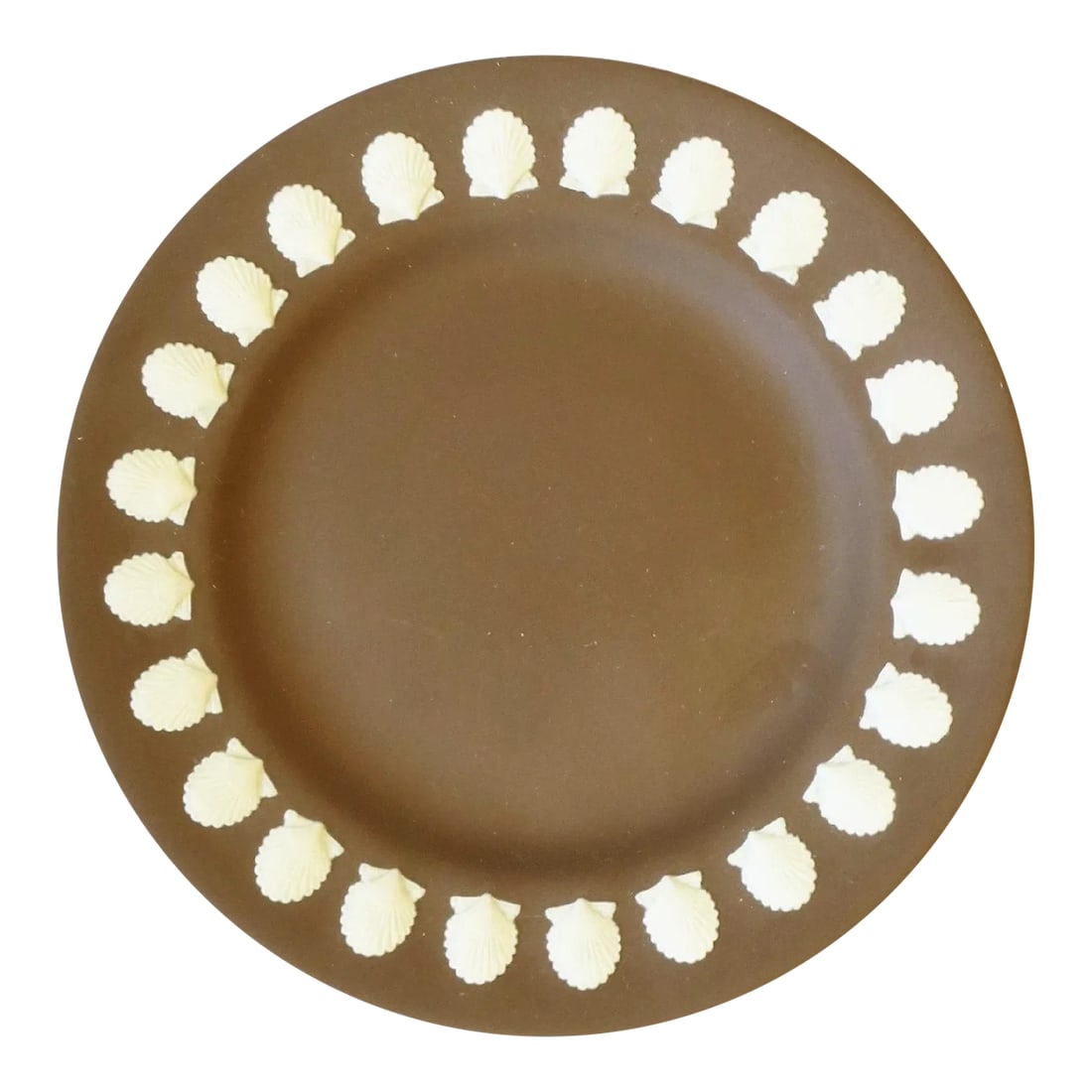 English Wedgwood Matte Jasperware Scallop Seashell Dish or Plate: A beautiful English Wedgwood Jasperware plate or dish with scallop seashell design, circa 20th century, England. This piece is a matte stoneware in mocha brown or light brown with a white scallop