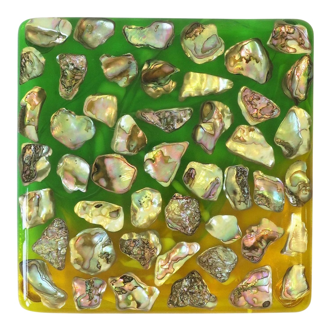 Abalone Seashell and Acrylic Kitchen Table Trivet: A beautiful abalone seashell and two-tone acrylic bar, table or kitchen trivet, circa mid-20th century, USA. Colors include beautiful pearl pink and grey abalone seashell and yellow and green