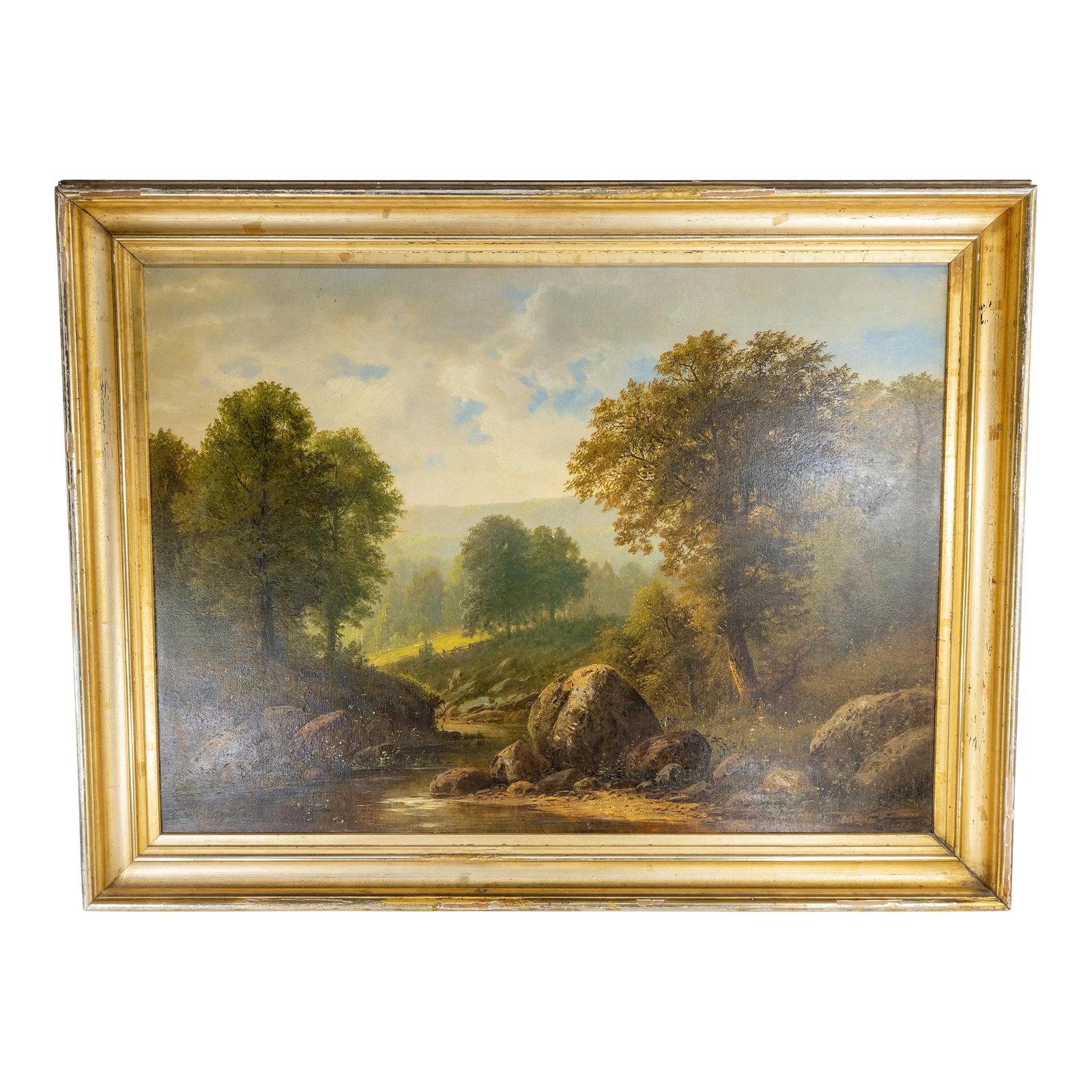 Large American 19th Century Landscape Painting by Herman Geyer: We are selling this large Landscape painting in gold frame. This 19th century Landscape is influenced by the Hudson River School and features a hilly landscape with a central creek with boulders. The 