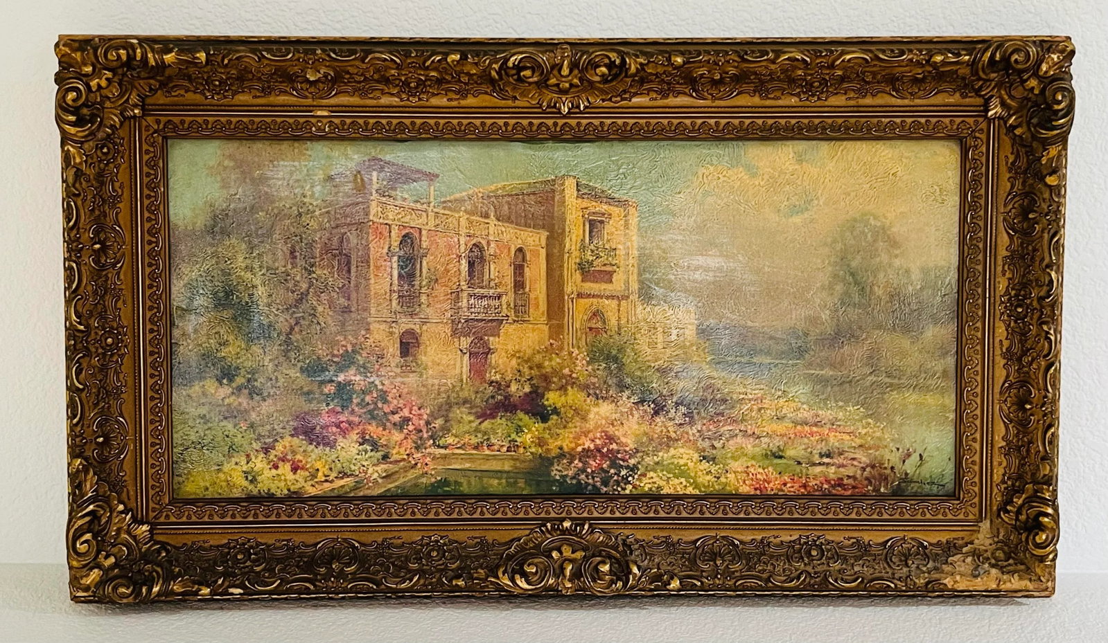 Antique Mediterranean Villa Landscape Oil Painting, Framed - 10