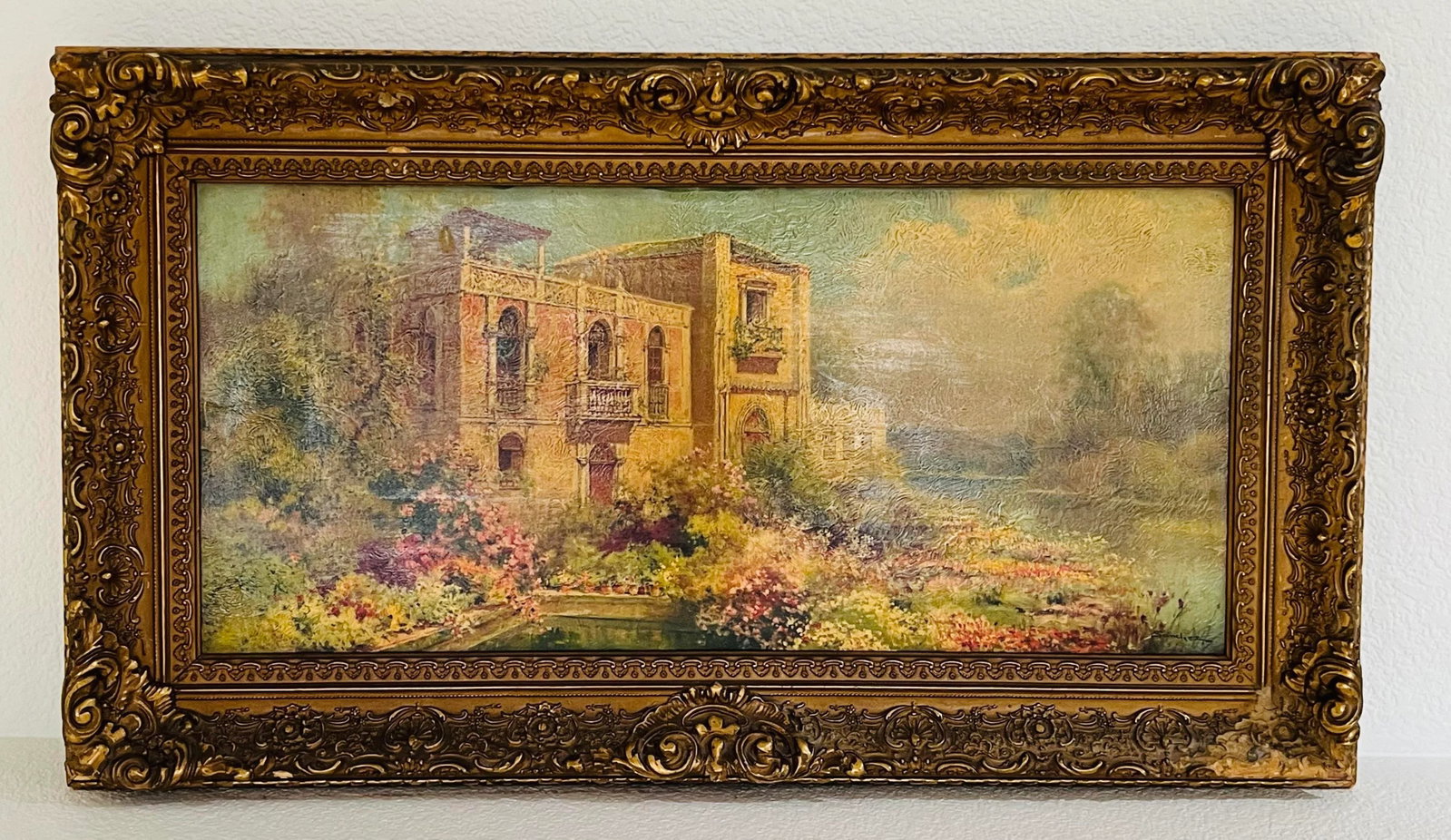 Antique Mediterranean Villa Landscape Oil Painting, Framed - 12