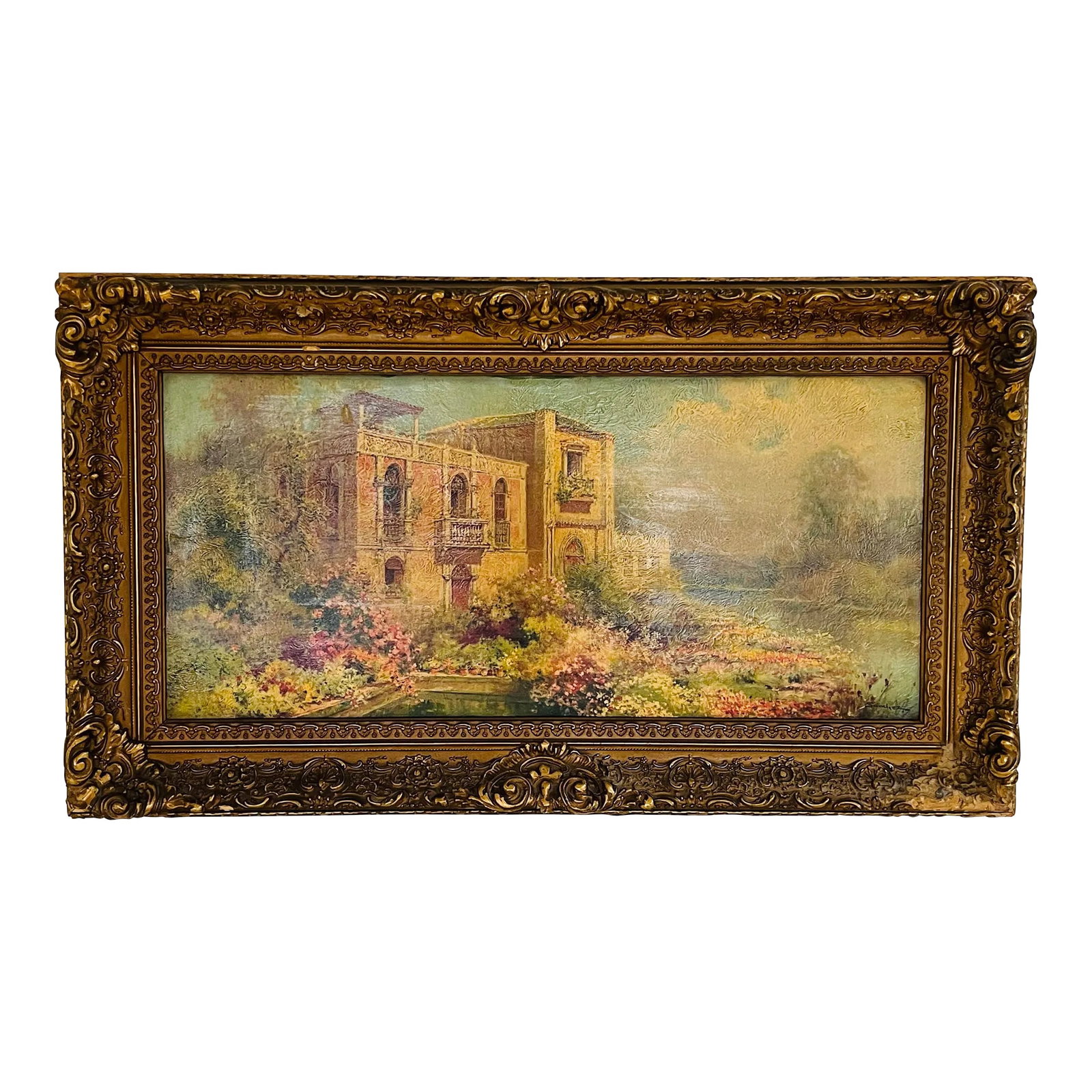 Antique Mediterranean Villa Landscape Oil Painting, Framed: A wonderful original oil on board piece in it's original antique frame! This one-of-a-kind, original painting of a Mediterranean Villa is believed to have been done in the late 1800s or early 1900s.