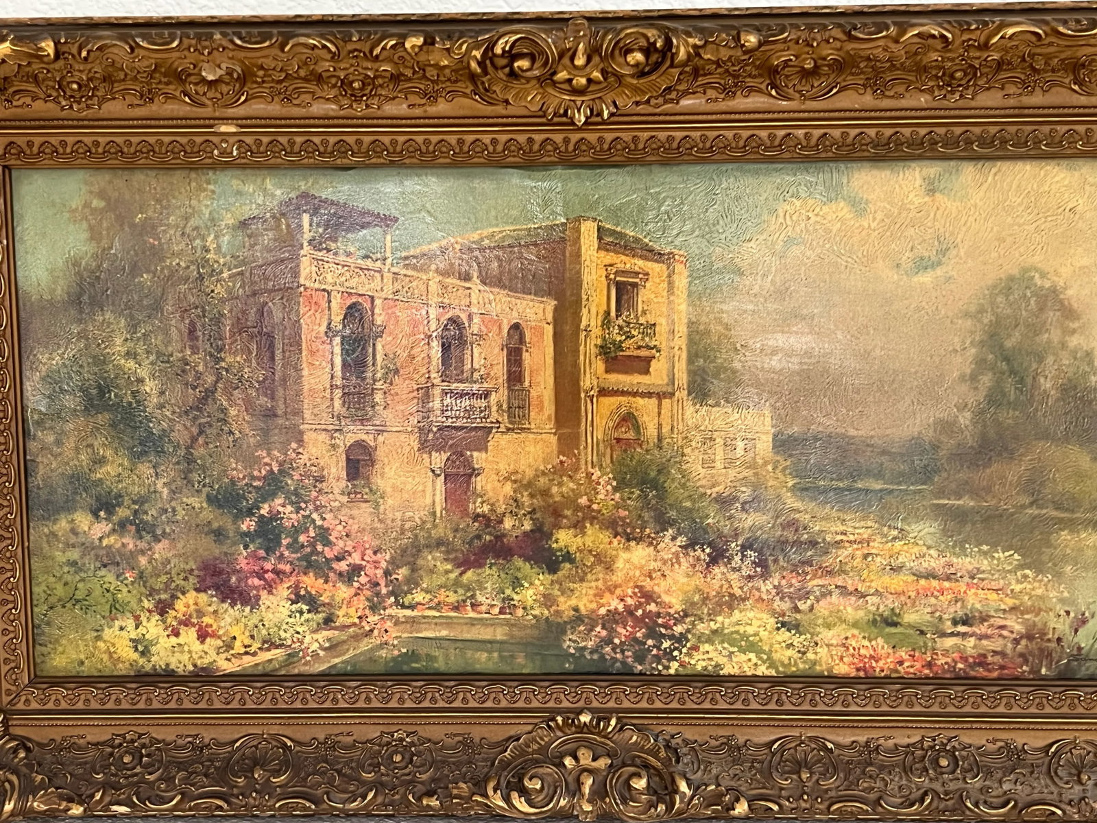 Antique Mediterranean Villa Landscape Oil Painting, Framed - 2