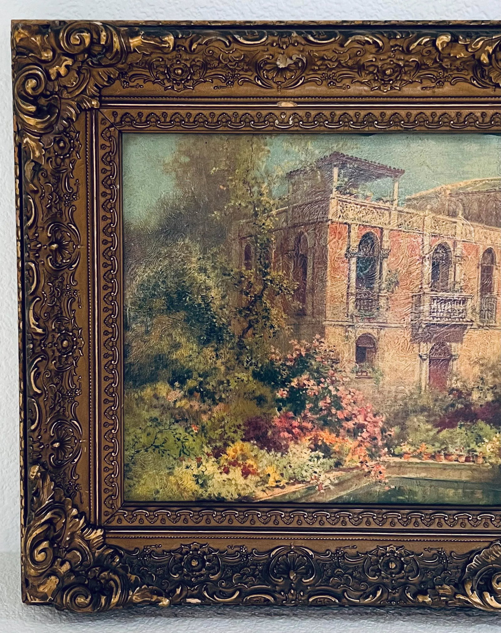 Antique Mediterranean Villa Landscape Oil Painting, Framed - 3