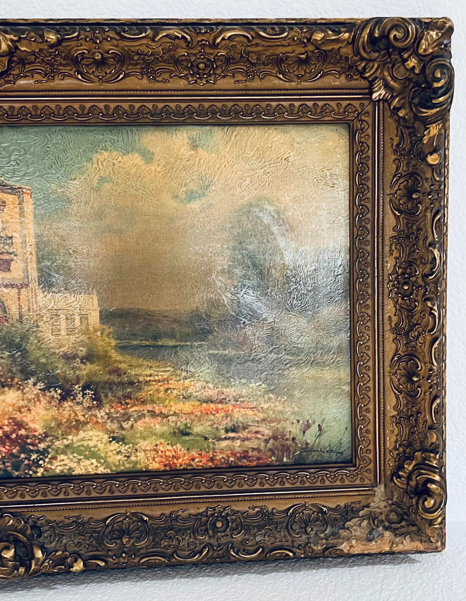 Antique Mediterranean Villa Landscape Oil Painting, Framed - 6
