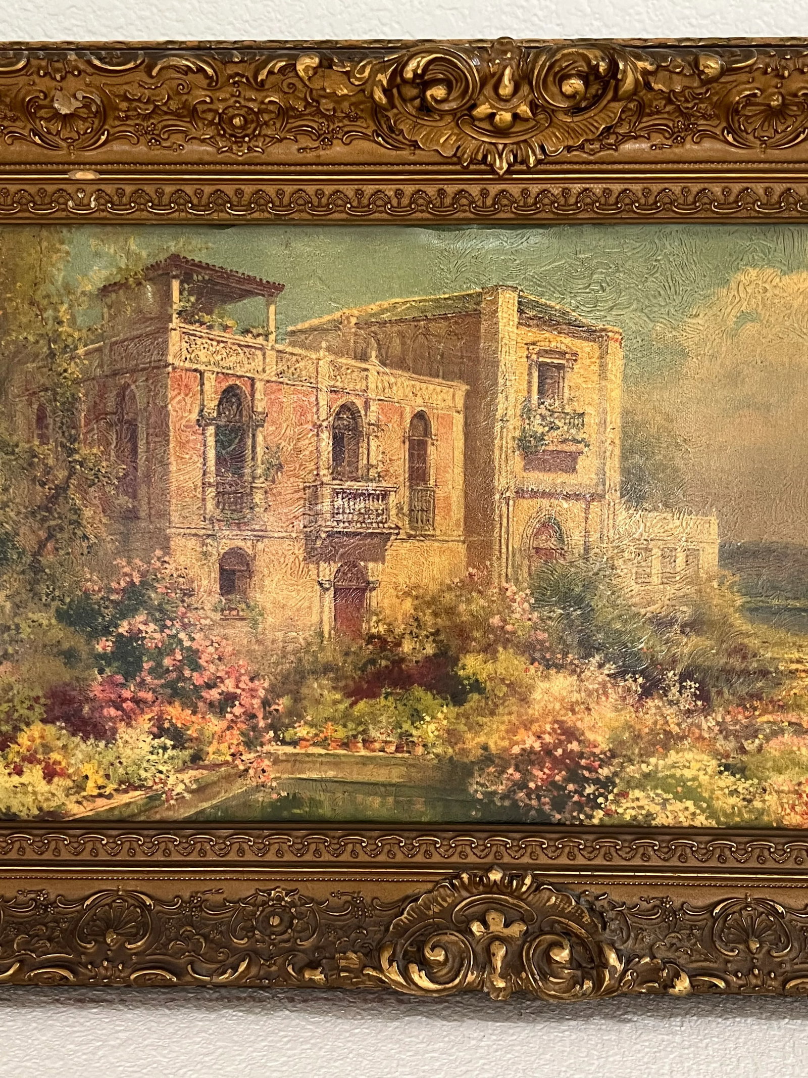 Antique Mediterranean Villa Landscape Oil Painting, Framed - 7
