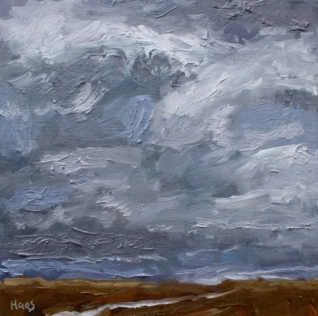 Stormy Desert, American Southwest Desertscape Landscape Oil Painting: Quiet Places & Desertscapes - Storm Over Nevada Desert Original oil painting by Haas, 8 x 8 unframed linen panel, signed. A powerful contemporary landscape that captures the atmospheric drama of a