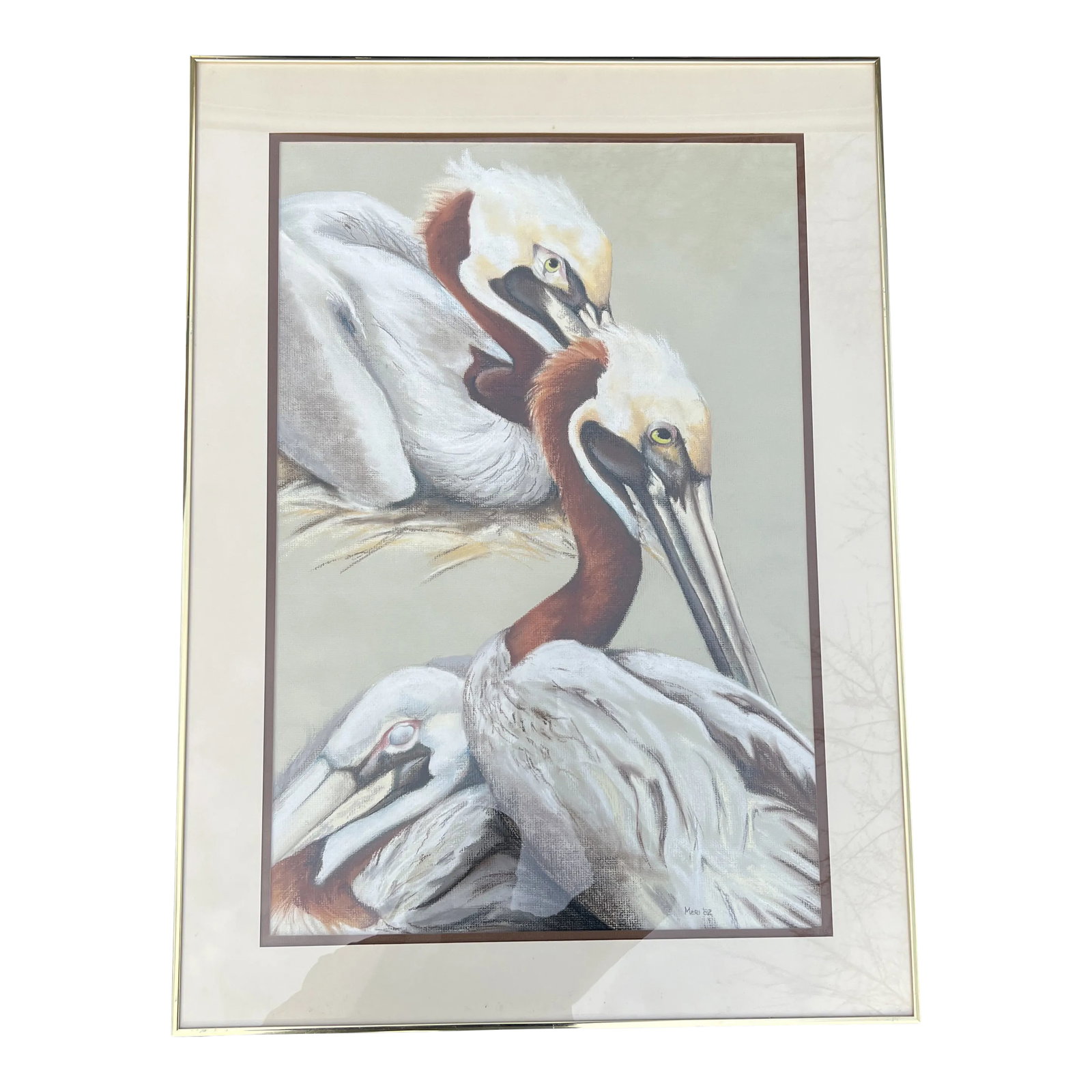 Original Framed Pelican Pastel Art: Original pastel artwork by Meri Howlett Berghauer. 1982 Grouping of 3 Pelicans. Artwork dimensions at the mat opening is 20x30 Condition: Alterations: Original Condition Unaltered Imperfections: Some