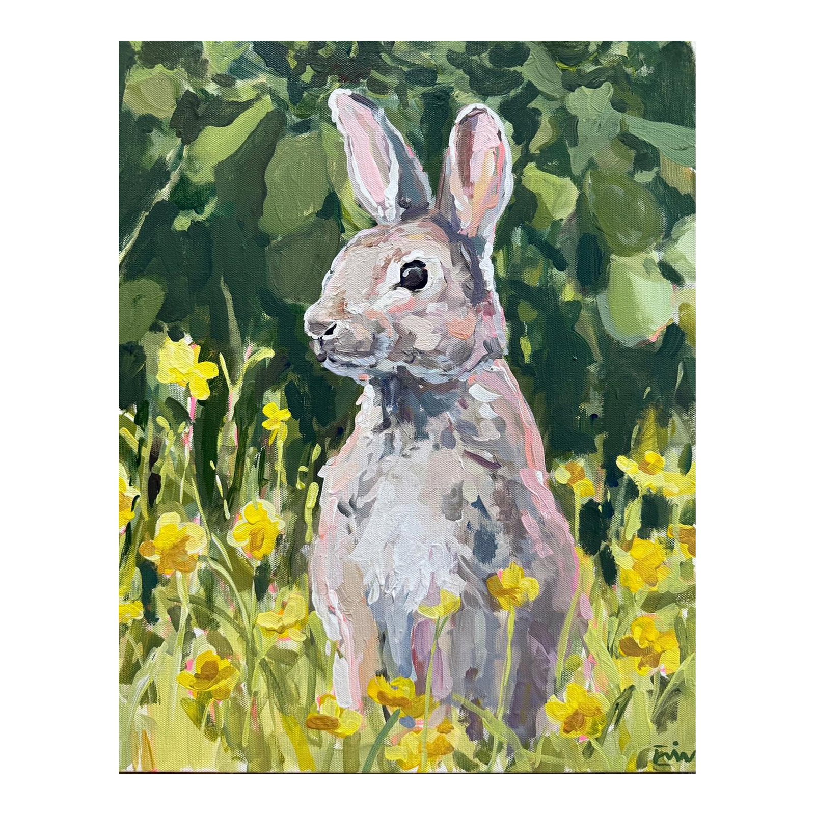 Bunny Painting II by Erin Tapp: 16 x 20 x 1.5" sides painted gray acrylic on gallery wrapped canvas Condition: Imperfections: No Imperfections Origin: United States Materials & Techniques: Acrylic Paint Details: Frame Type: