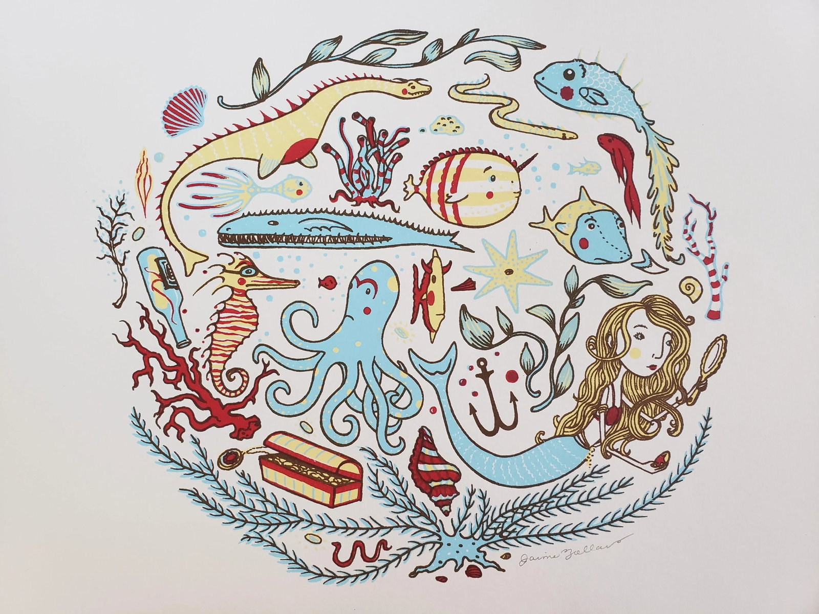 "Mystical Underwater Creatures" Contemporary Artist Signed Print by Jaime Zollars: An artist signed print featuring mystical underwater creatures. Created by the Charleston, South Carolina based artist, Jaime Zollars. I found this treasure at the Maryland Institute College of Art
