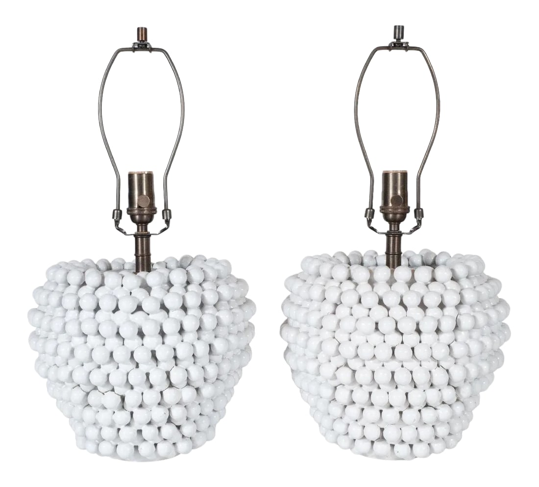 Vintage Clustered Ball Ceramic Table Lamps - a Pair: Pair of white glazed ceramic table lamps composed of clustered white balls with patinated brass hardware. Condition: Alterations: Restored Imperfections: Some Imperfections Condition Notes: -This item