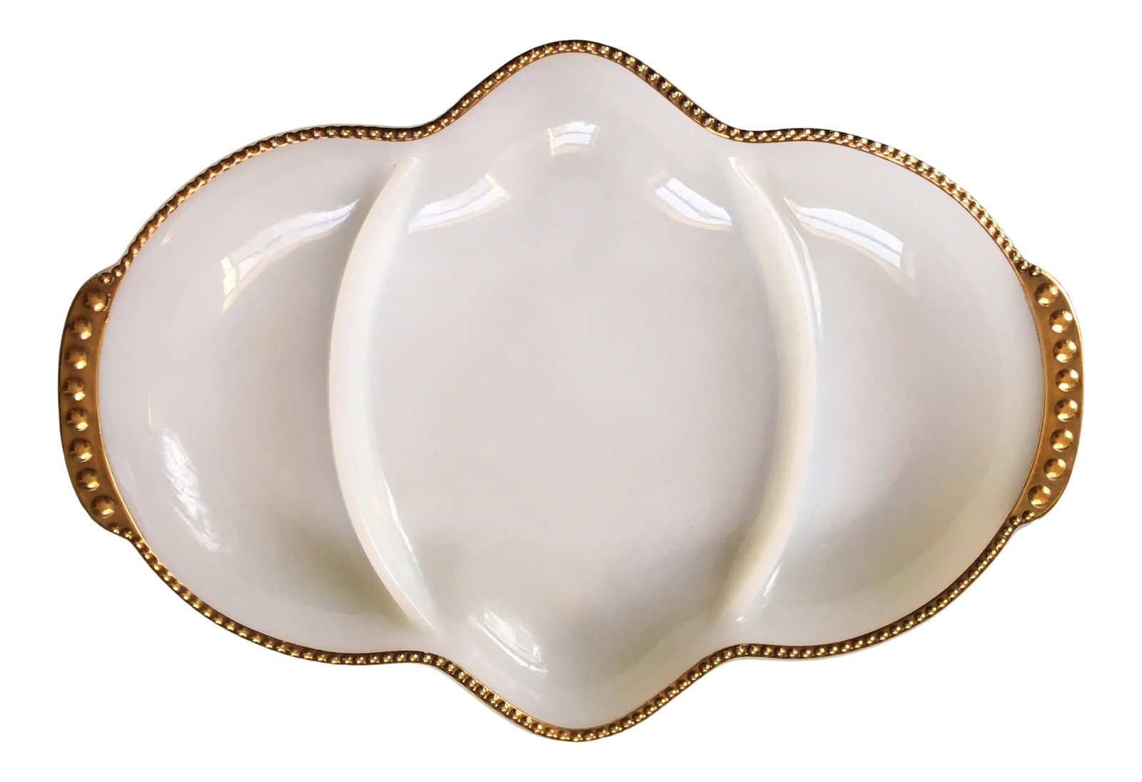 1940s Anchor Hocking Milk Glass Gold Trimmed Appetizer Tray: A vintage milk glass serving dish divided into three sections with gold trimmed handles. Ships within 1-2 days using USPS. Arrives within 2-5 business days after receiving tracking. Condition: