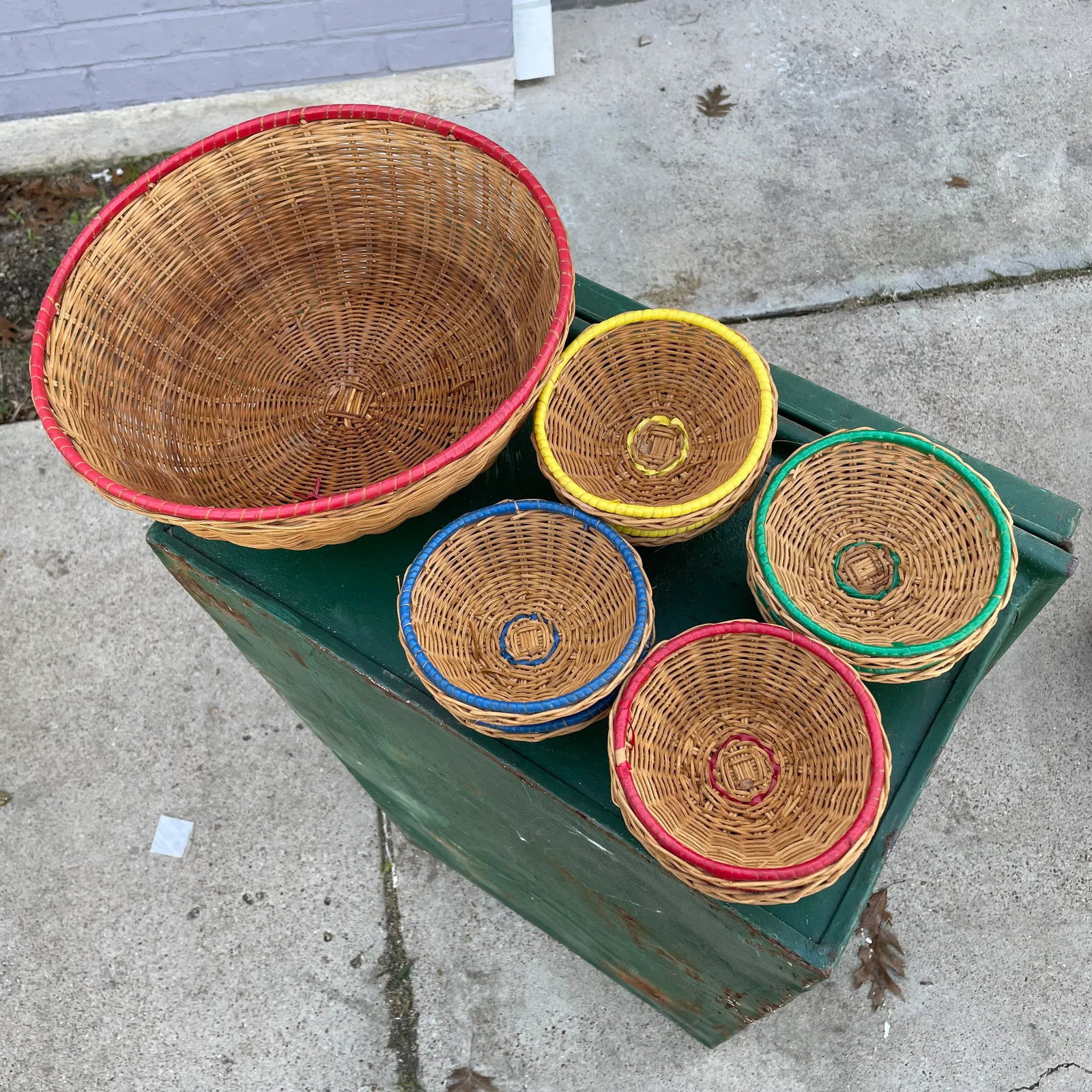 Vintage and Rattan and Multicolor Banded Baskets- a Set of 9 - 2