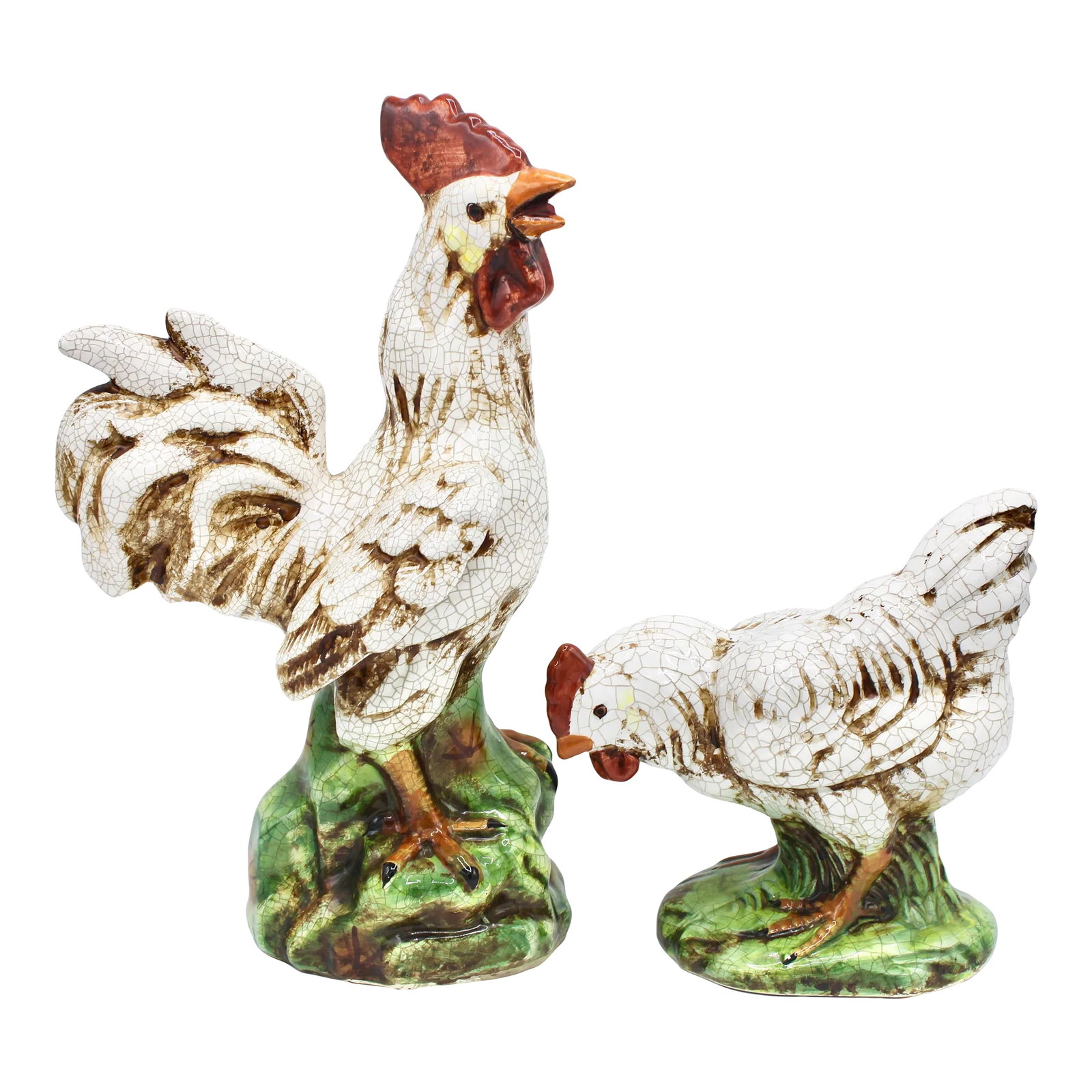 Vintage Country French Farmhouse Ceramic Chickens - Rooster and Hen: A superb pair of ceramic chickens, a rooster and hen. This is a fine, creamy white pair with bright green bases. There is felt on the underside of each. You will love this excellent pair of Vintage