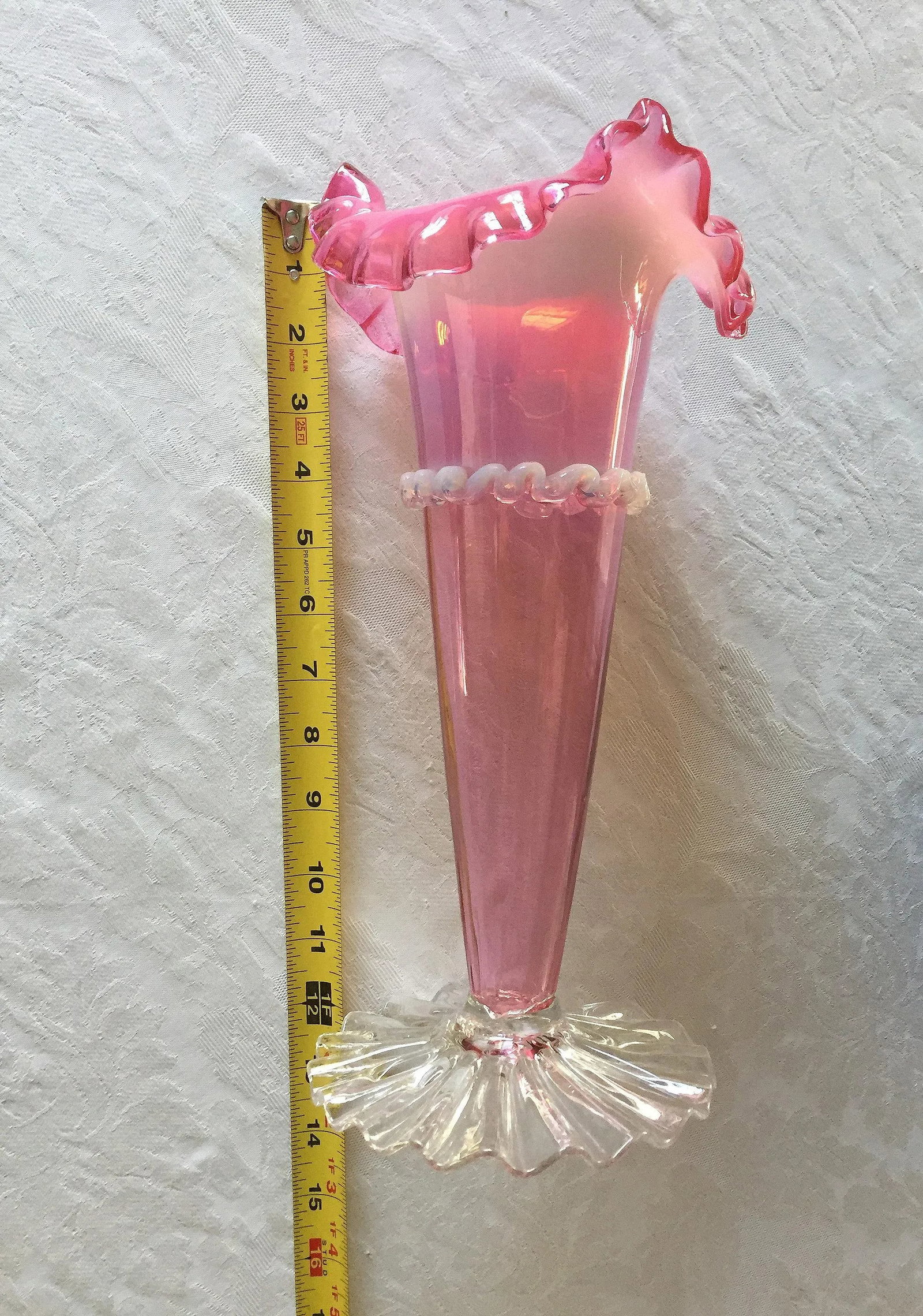 Victorian Pink Hand Blown Art Glass Jack in Pulpit Trumpet Vase, Clear Ruffled Base, Milky White Opa - 10