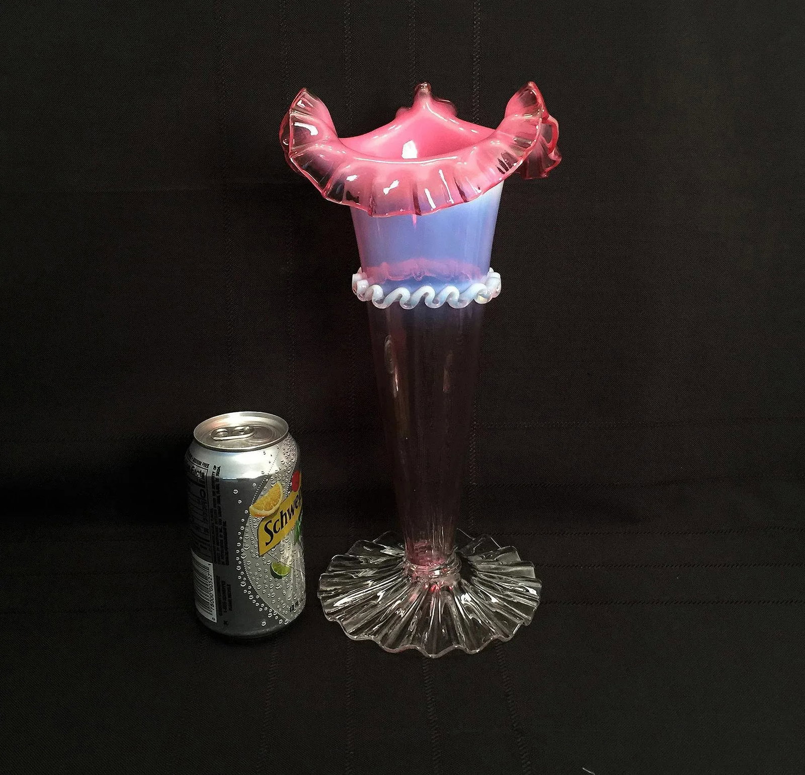 Victorian Pink Hand Blown Art Glass Jack in Pulpit Trumpet Vase, Clear Ruffled Base, Milky White Opa - 11