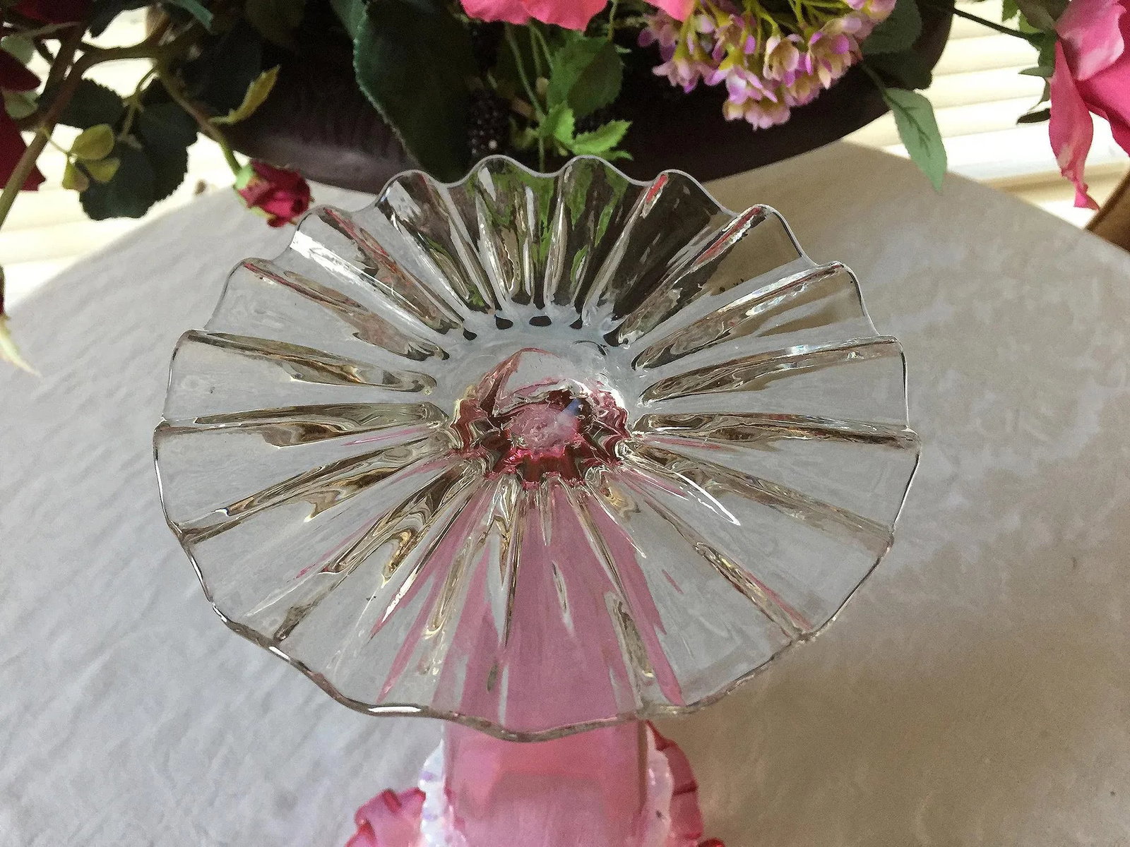 Victorian Pink Hand Blown Art Glass Jack in Pulpit Trumpet Vase, Clear Ruffled Base, Milky White Opa - 12