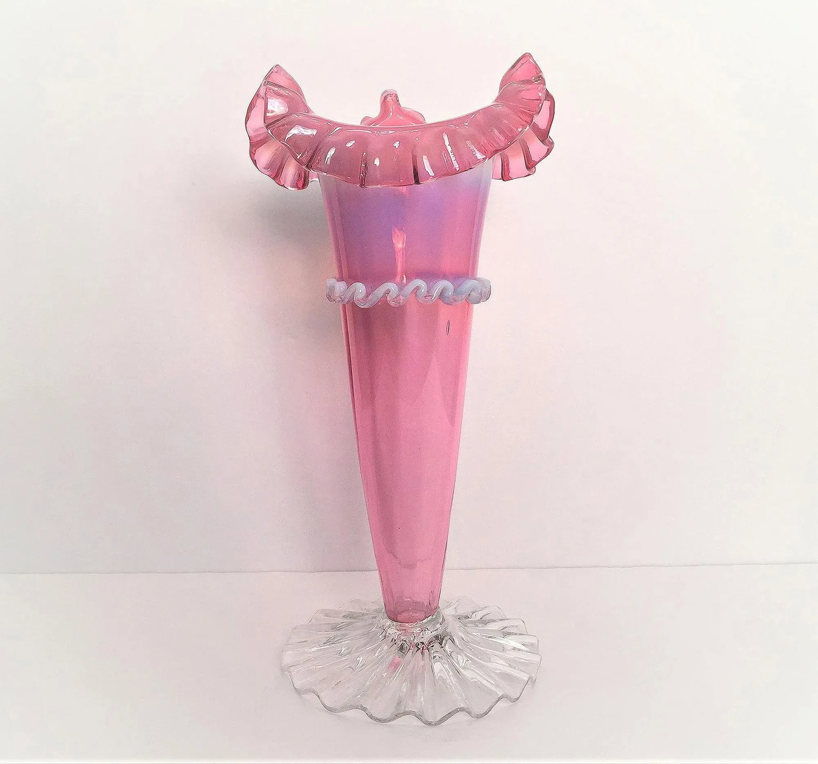 Victorian Pink Hand Blown Art Glass Jack in Pulpit Trumpet Vase, Clear Ruffled Base, Milky White Opa - 13