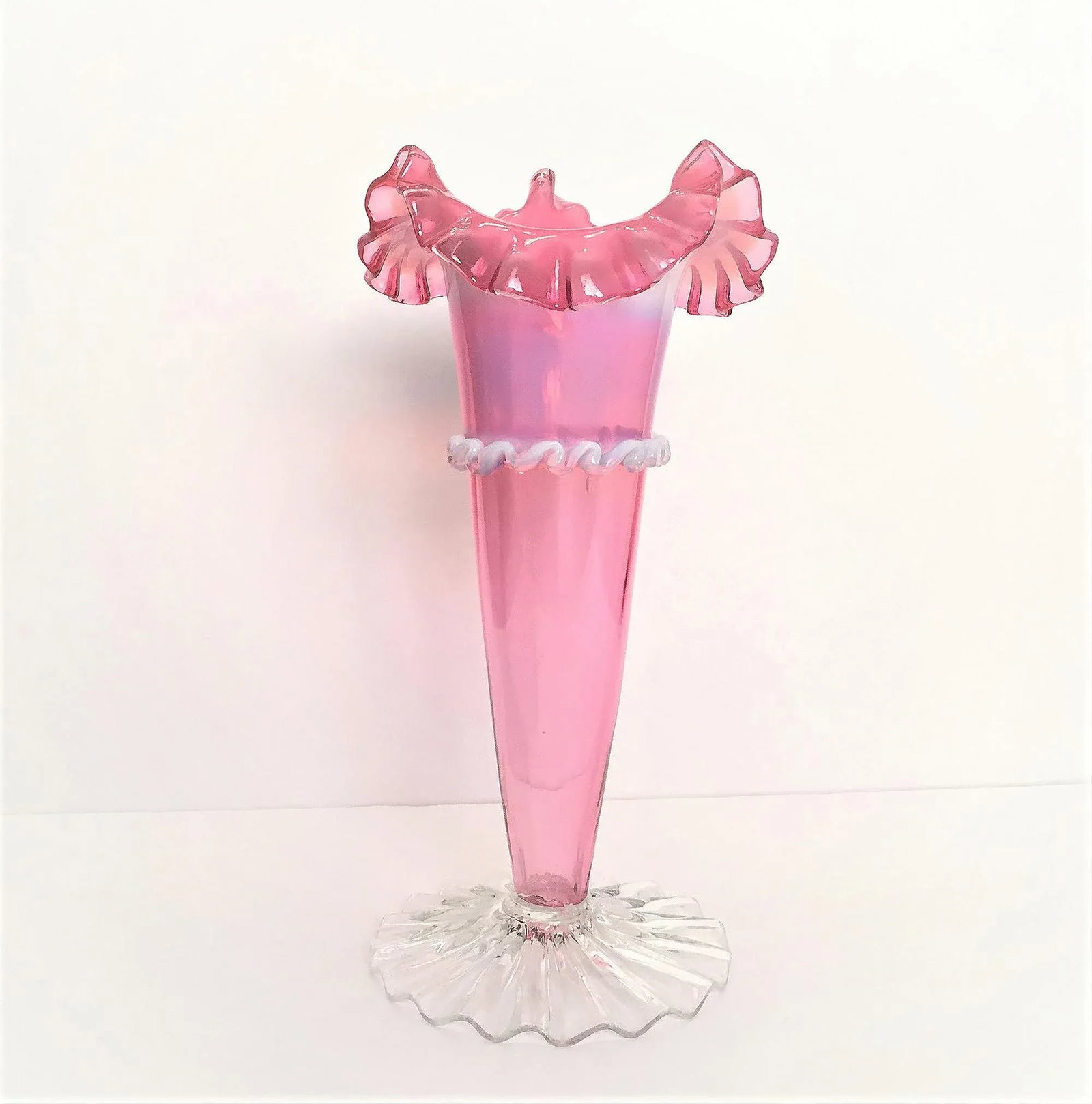 Victorian Pink Hand Blown Art Glass Jack in Pulpit Trumpet Vase, Clear Ruffled Base, Milky White Opa - 2