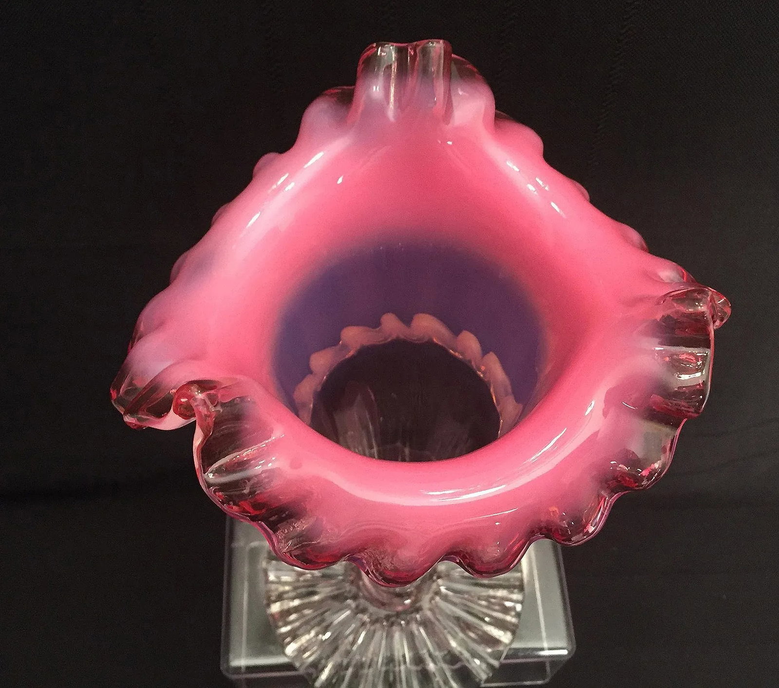 Victorian Pink Hand Blown Art Glass Jack in Pulpit Trumpet Vase, Clear Ruffled Base, Milky White Opa - 3