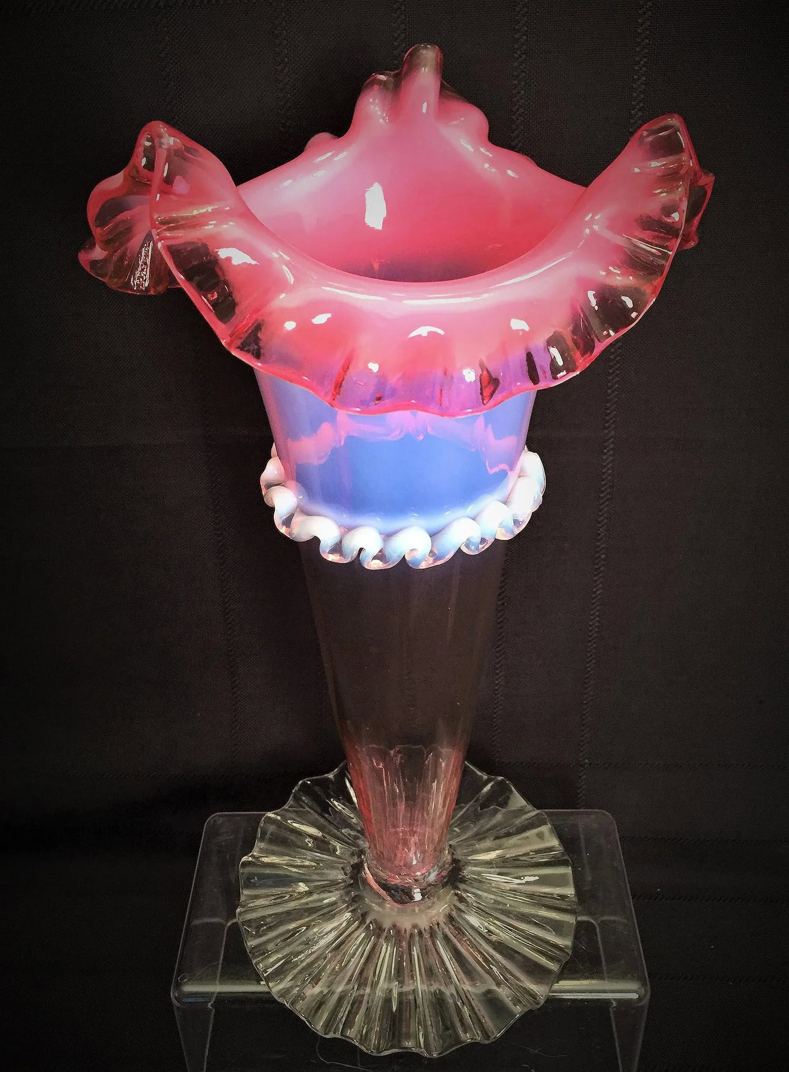 Victorian Pink Hand Blown Art Glass Jack in Pulpit Trumpet Vase, Clear Ruffled Base, Milky White Opa - 4