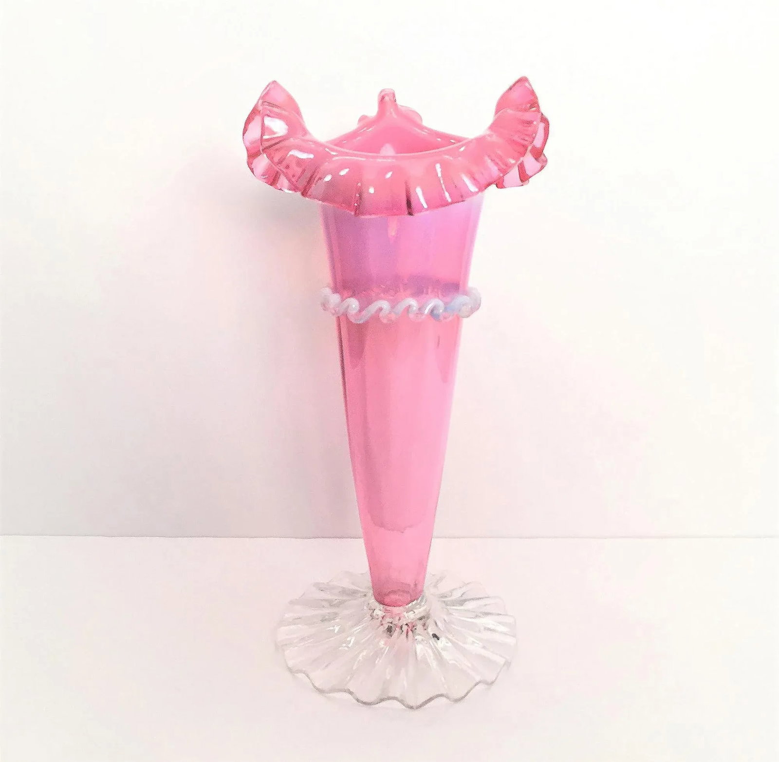 Victorian Pink Hand Blown Art Glass Jack in Pulpit Trumpet Vase, Clear Ruffled Base, Milky White Opa - 5