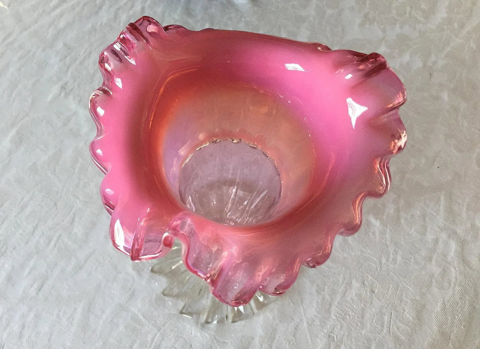 Victorian Pink Hand Blown Art Glass Jack in Pulpit Trumpet Vase, Clear Ruffled Base, Milky White Opa - 6