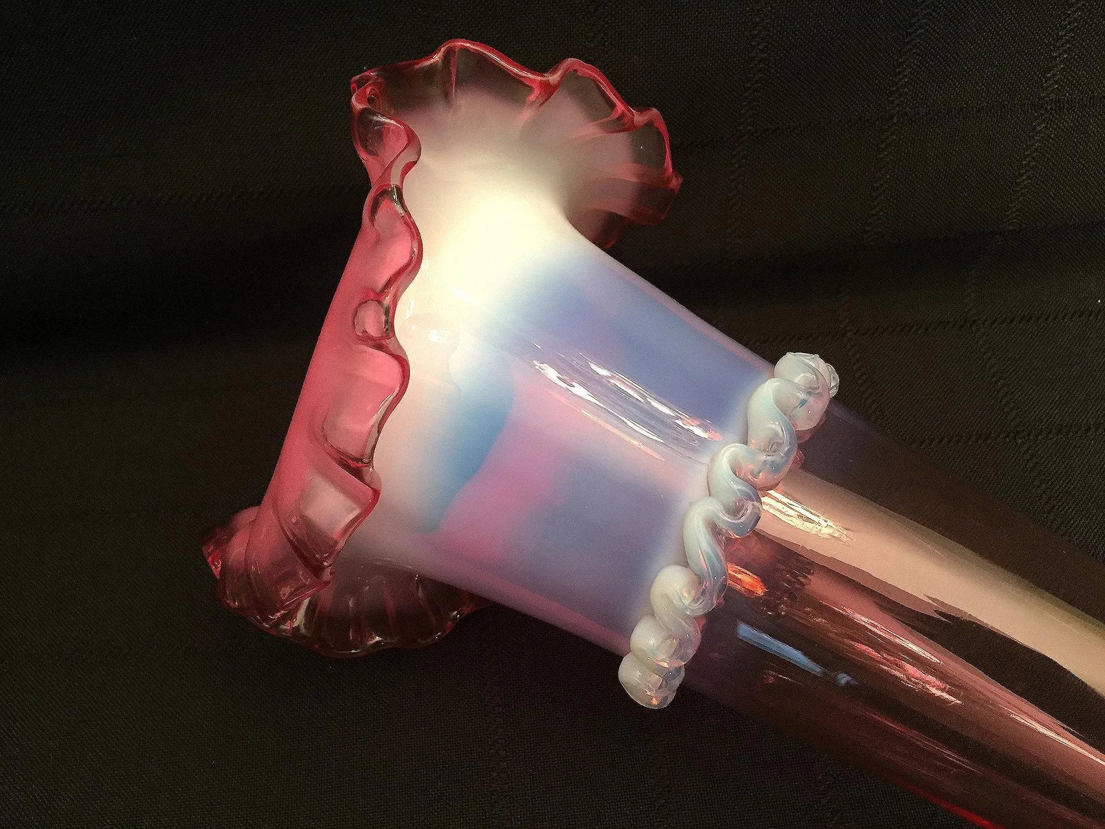 Victorian Pink Hand Blown Art Glass Jack in Pulpit Trumpet Vase, Clear Ruffled Base, Milky White Opa - 8