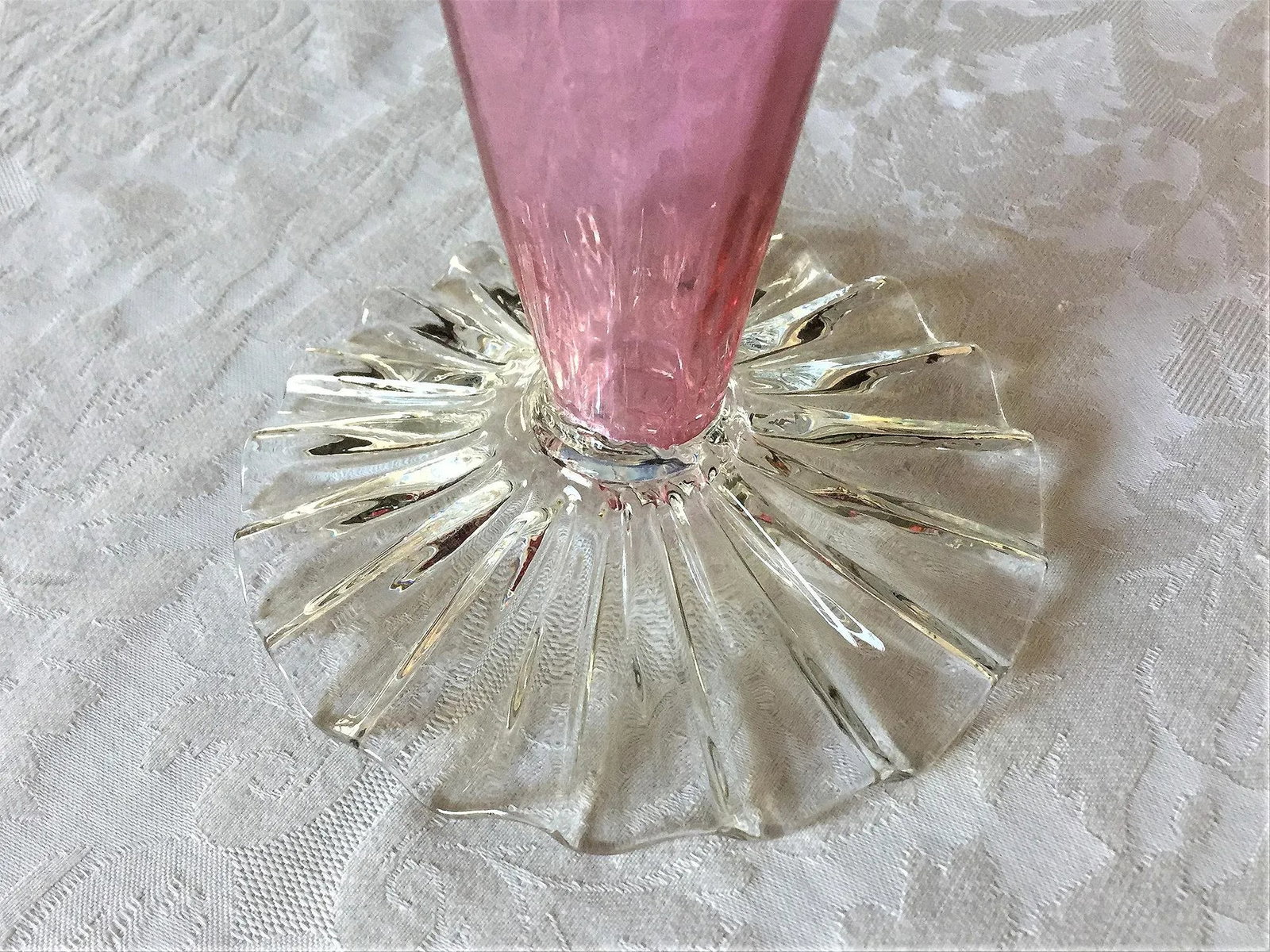 Victorian Pink Hand Blown Art Glass Jack in Pulpit Trumpet Vase, Clear Ruffled Base, Milky White Opa - 9