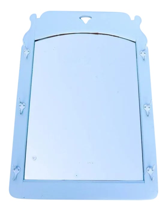 Cottage Style Mirror With Hooks: Offered is a charming country/cottage style mirror and hat/coat rack. This piece has been newly painted "Sea Breeze Green". This piece is in excellent condition. Condition: Alterations: Original