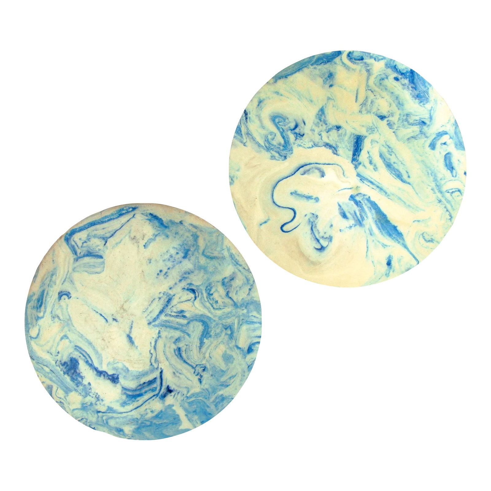Organic Modern Blue Swirl Serving Pieces, Pair: Midcentury round plateaus; perfect for holding toiletries in a bathroom, serving small food items on a buffet, or arranging wine or liquor bottles on a bar. Fabricated of a smooth composite material