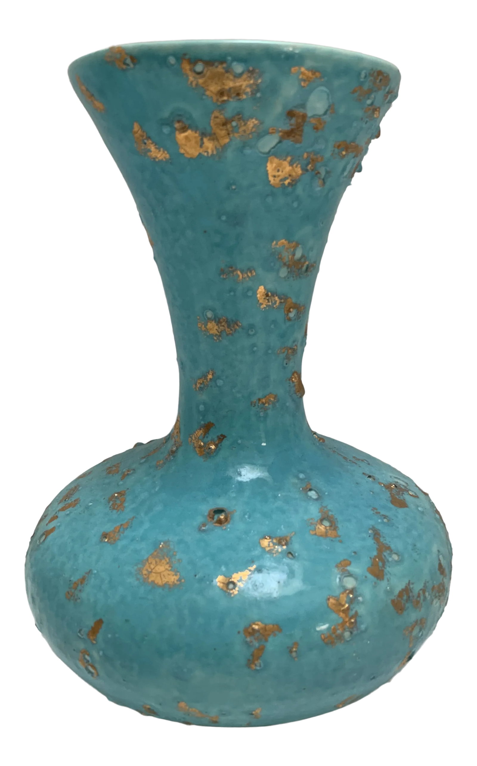 Vintage Gold Speckled Blue Pottery Vase: Vintage handmade pottery vase in a lush sky blue with textured gold flecks of color and texture. Signed. Condition: Alterations: Original Condition Unaltered Imperfections: Some Imperfections