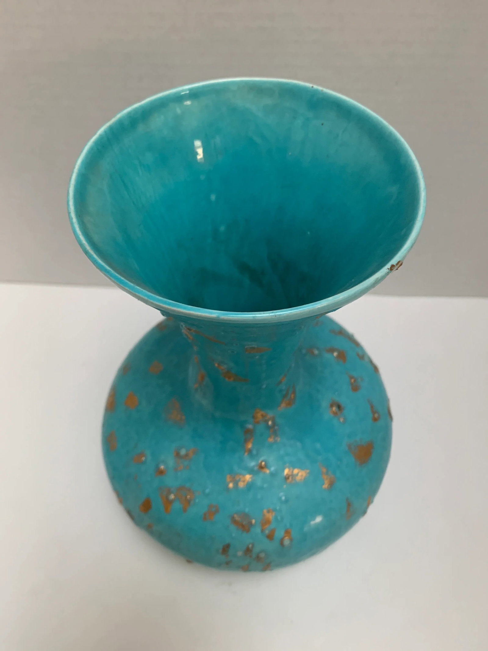 Vintage Gold Speckled Blue Pottery Vase - 2