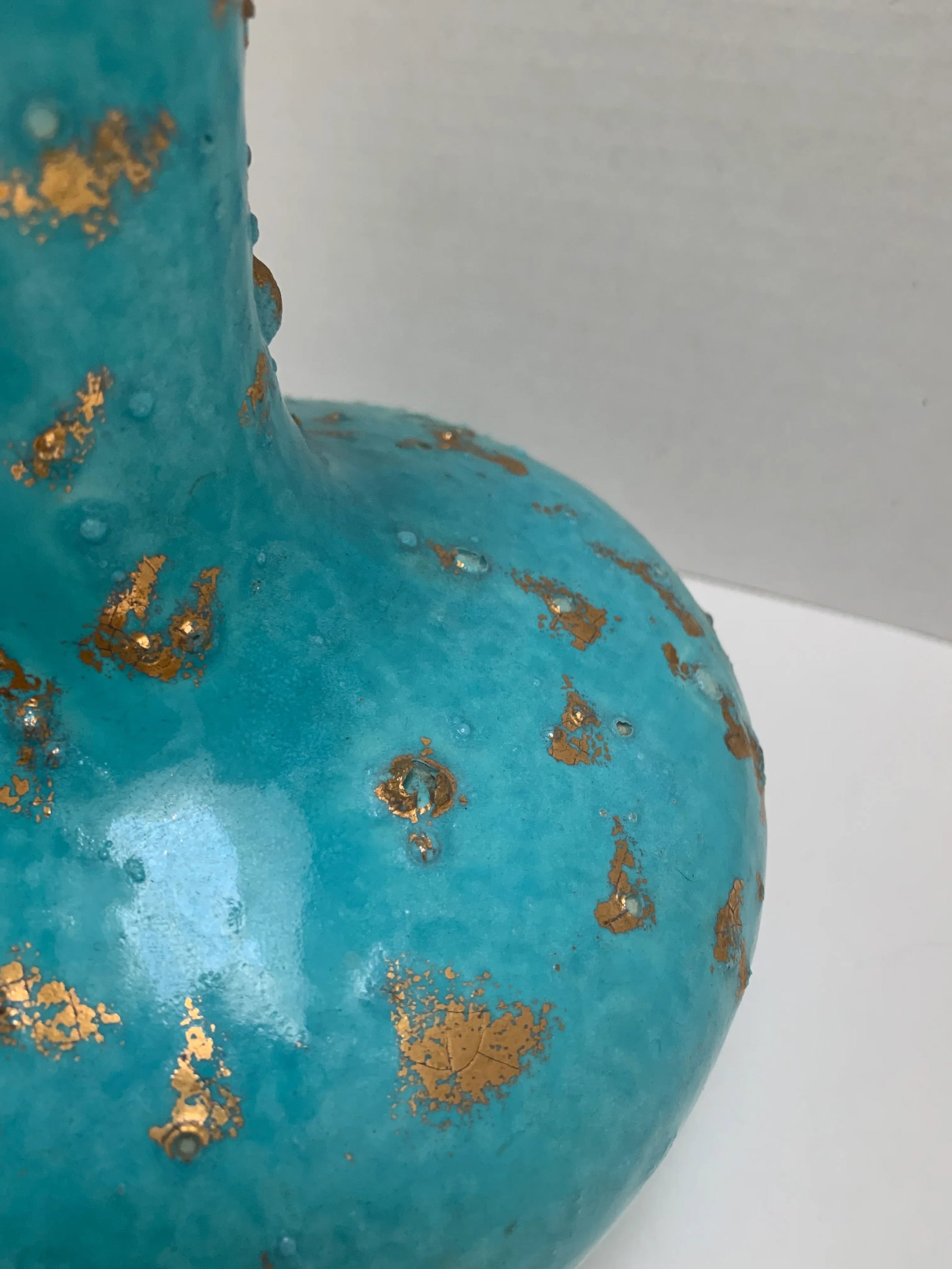 Vintage Gold Speckled Blue Pottery Vase - 4