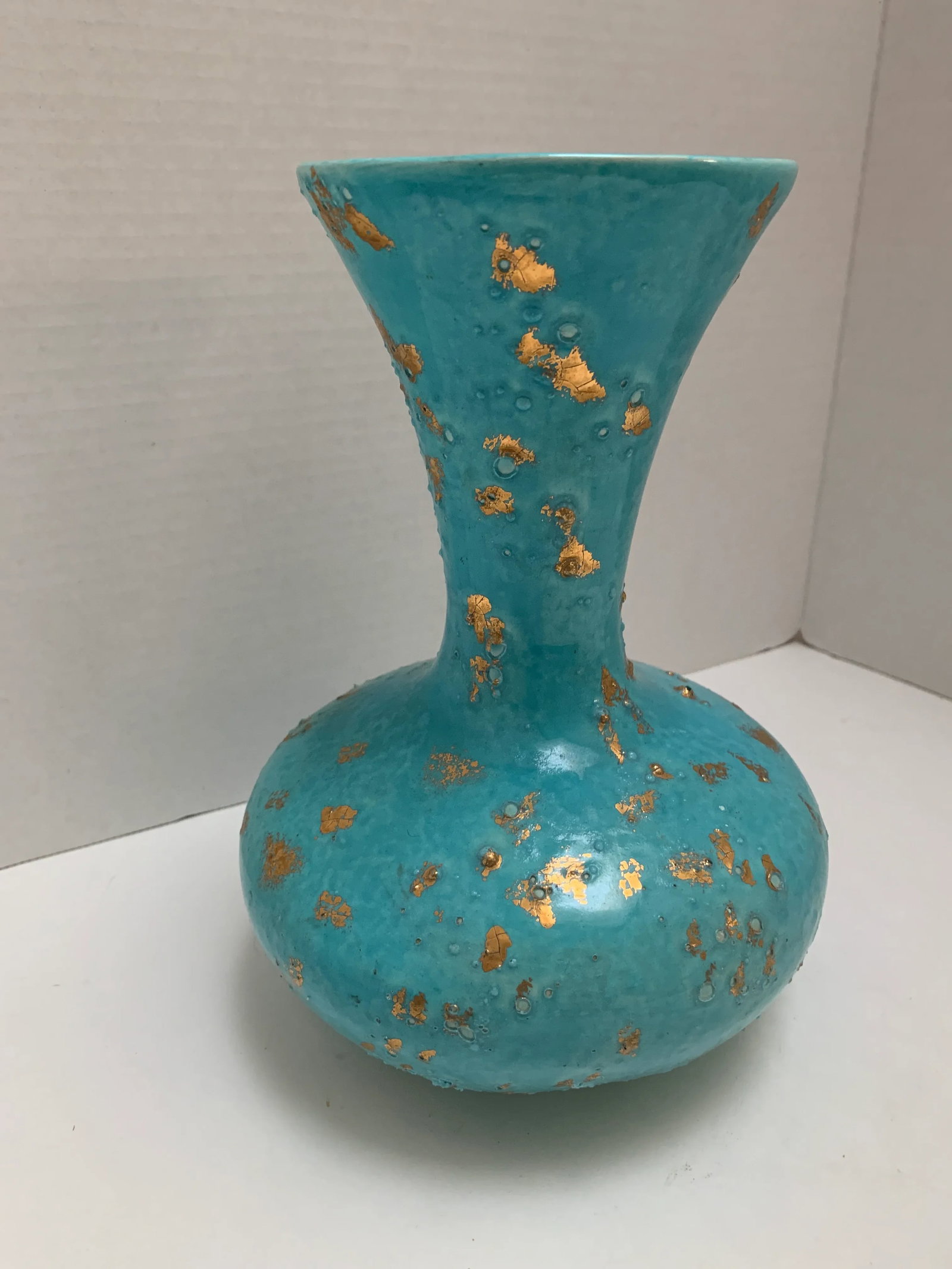 Vintage Gold Speckled Blue Pottery Vase - 5