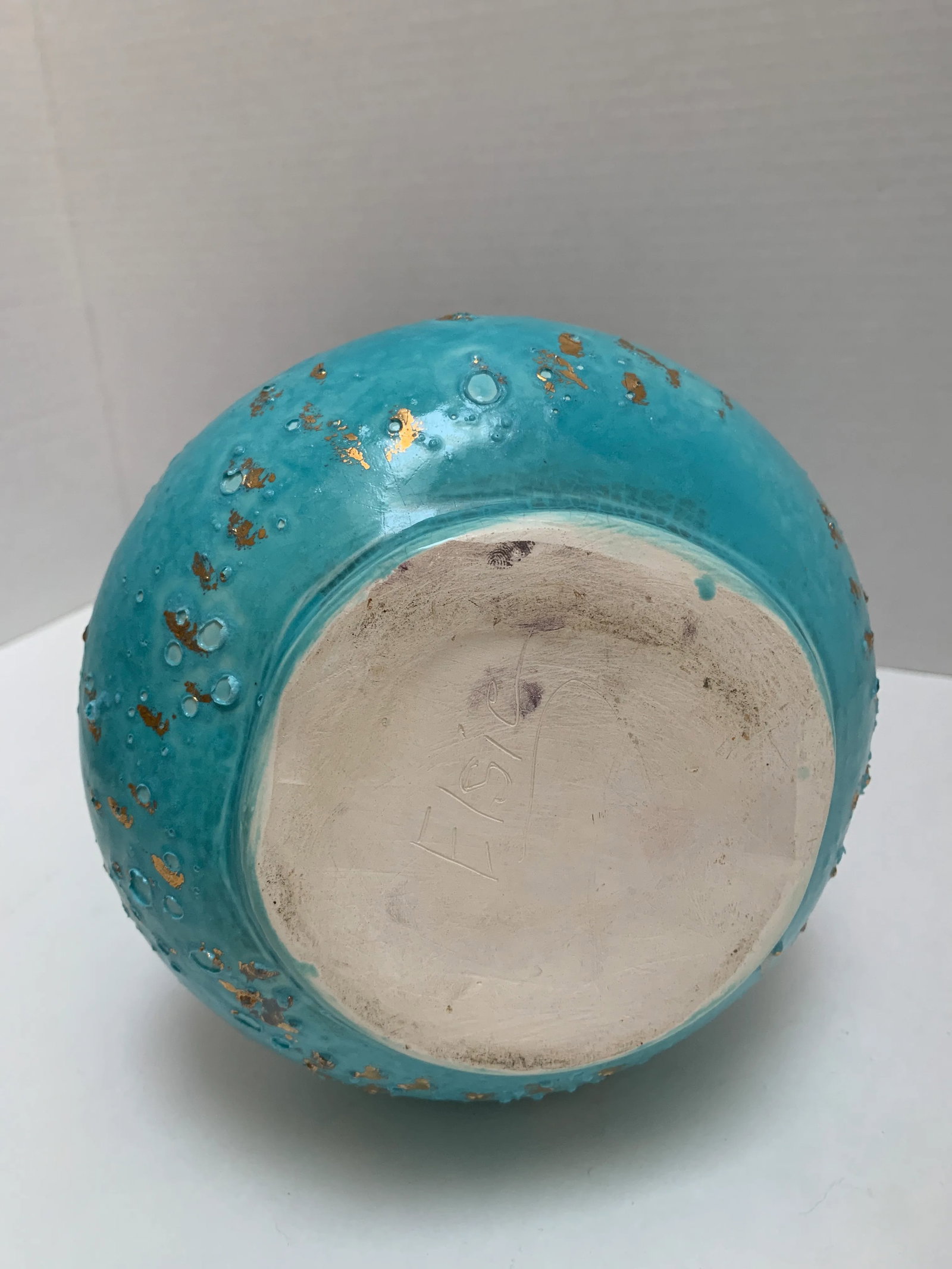 Vintage Gold Speckled Blue Pottery Vase - 6