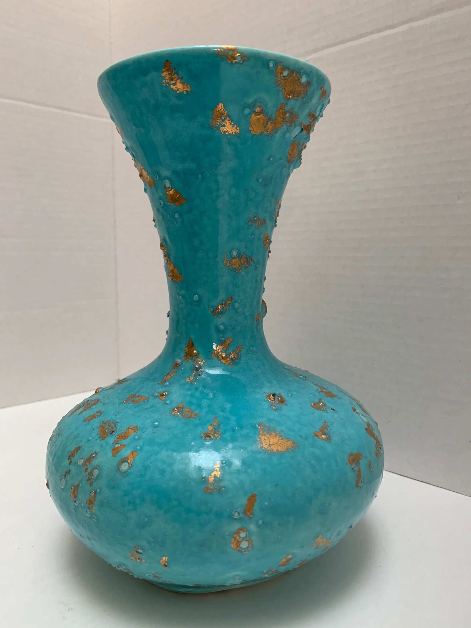 Vintage Gold Speckled Blue Pottery Vase - 7