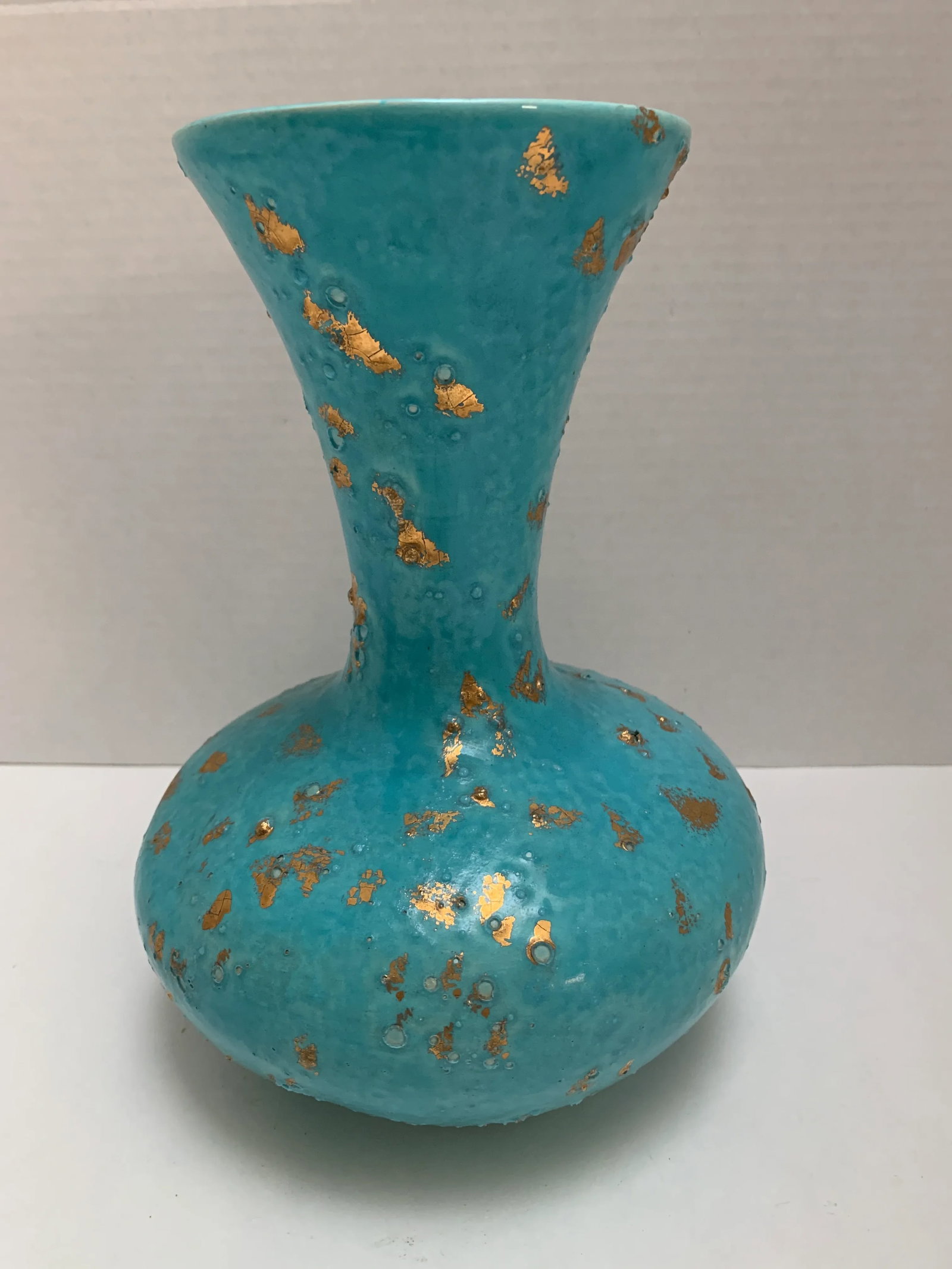 Vintage Gold Speckled Blue Pottery Vase - 8