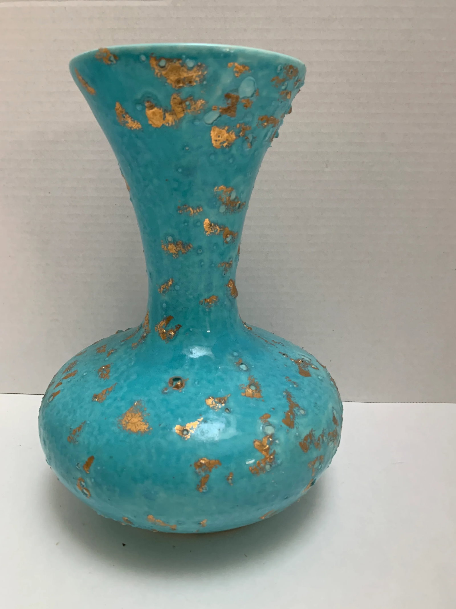 Vintage Gold Speckled Blue Pottery Vase - 9