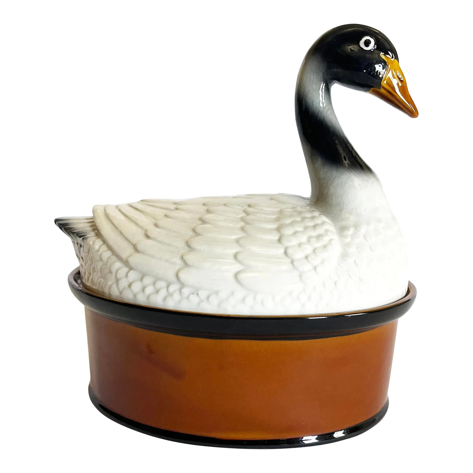 Large Mid-Century Swan Tureen: Large Mid Century Swan Tureen. No makers mark. Bowl w/lid: 12 long 9.5 wide 12.5 tall Bowl: 11.5 long by 8.75 wide 4.25 tall Condition: Alterations: Original Condition Unaltered Imperfections: Some