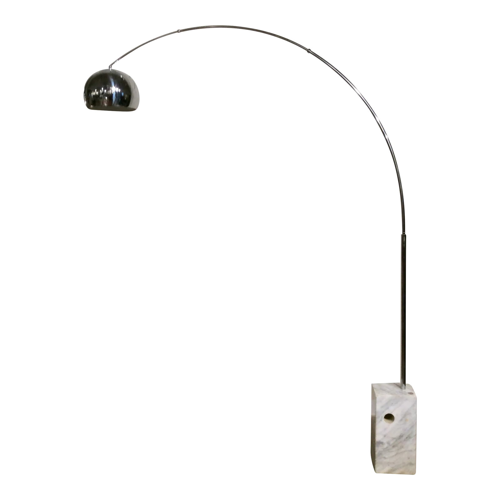 Vintage Mid-Century Chrome and Marble Base Italian Arc Floor Lamp: This Mid Century Chrome and Marble Base Italian Arc Floor Lamp offers a timeless design and quality. Inspired by street lanterns, this modern classic features a heavy Carrara marble base with carefull