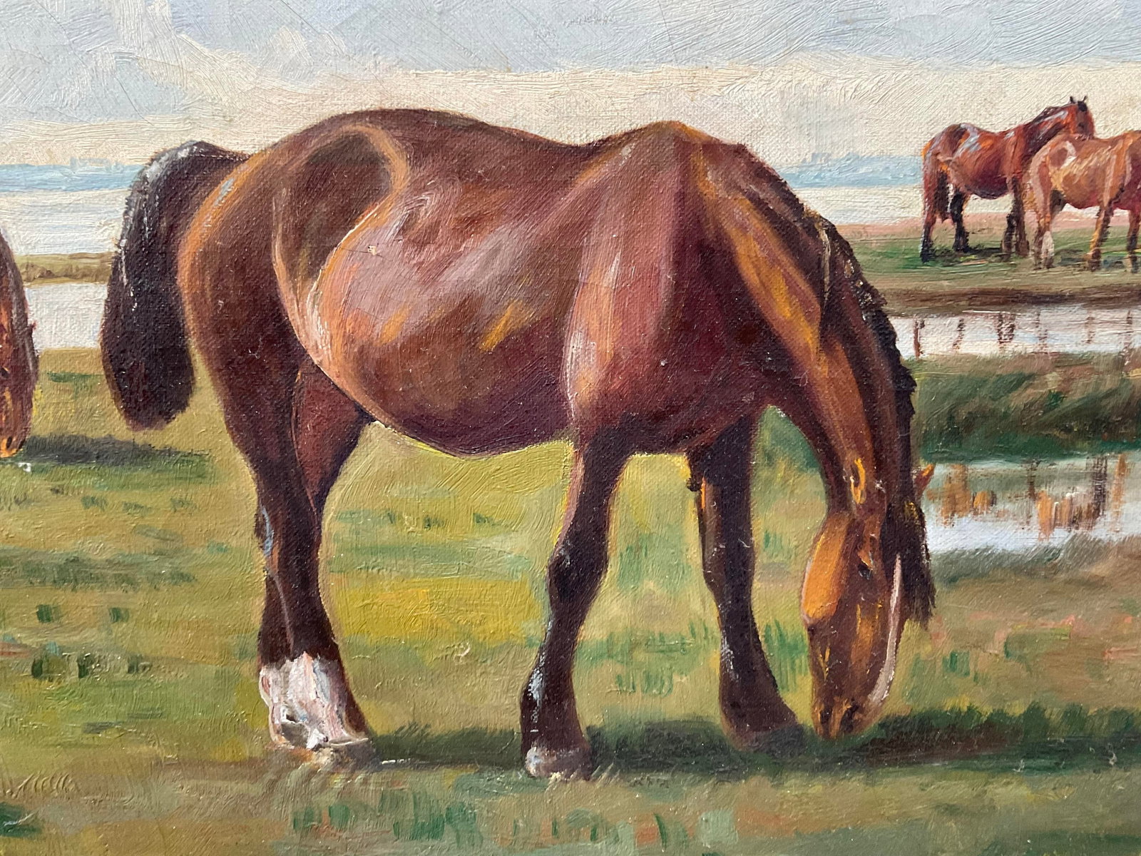 Antique Niels Christiansen Oil Painting - Danish Landscape With Grazing Horses - 10