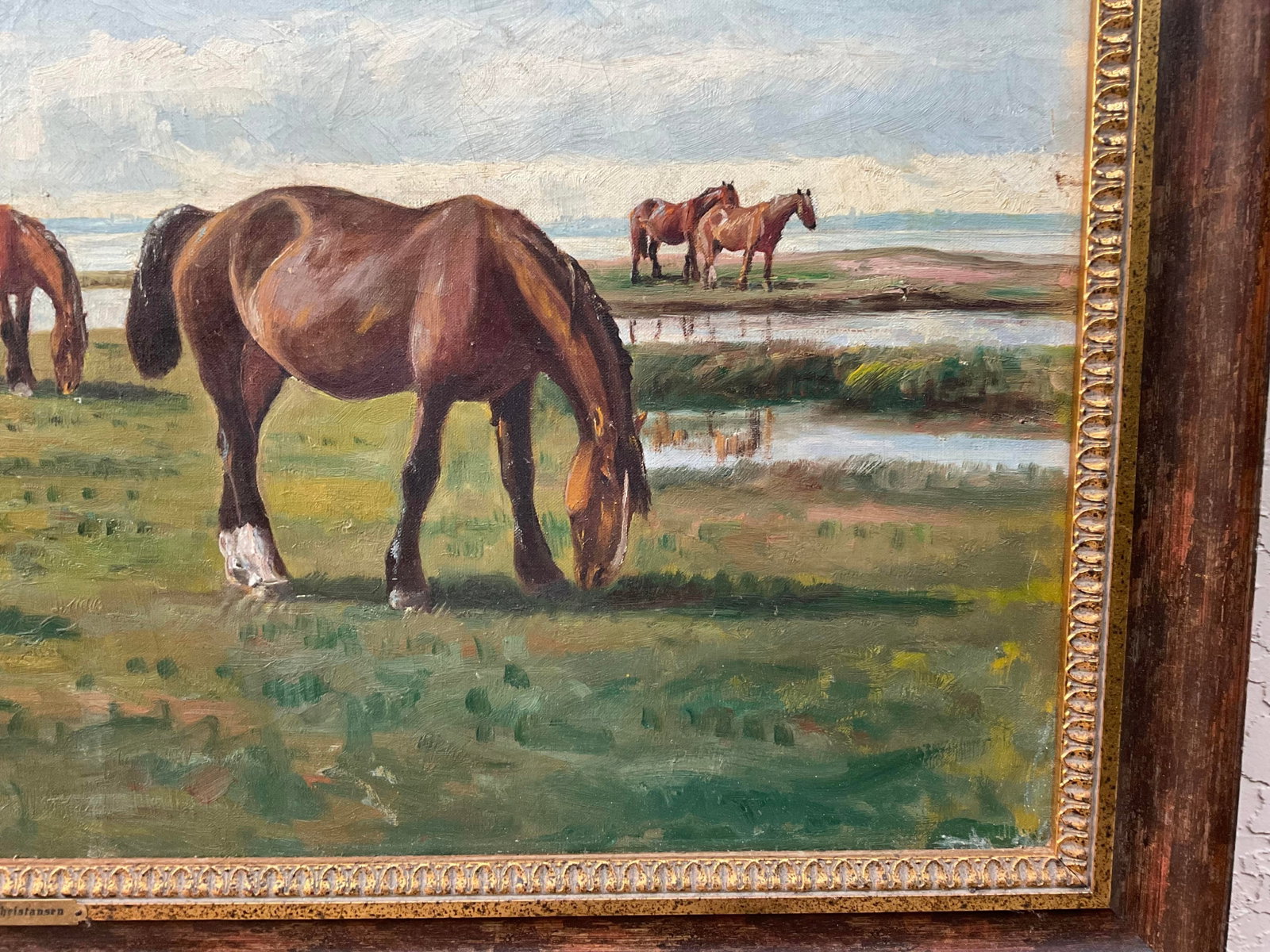 Antique Niels Christiansen Oil Painting - Danish Landscape With Grazing Horses - 11
